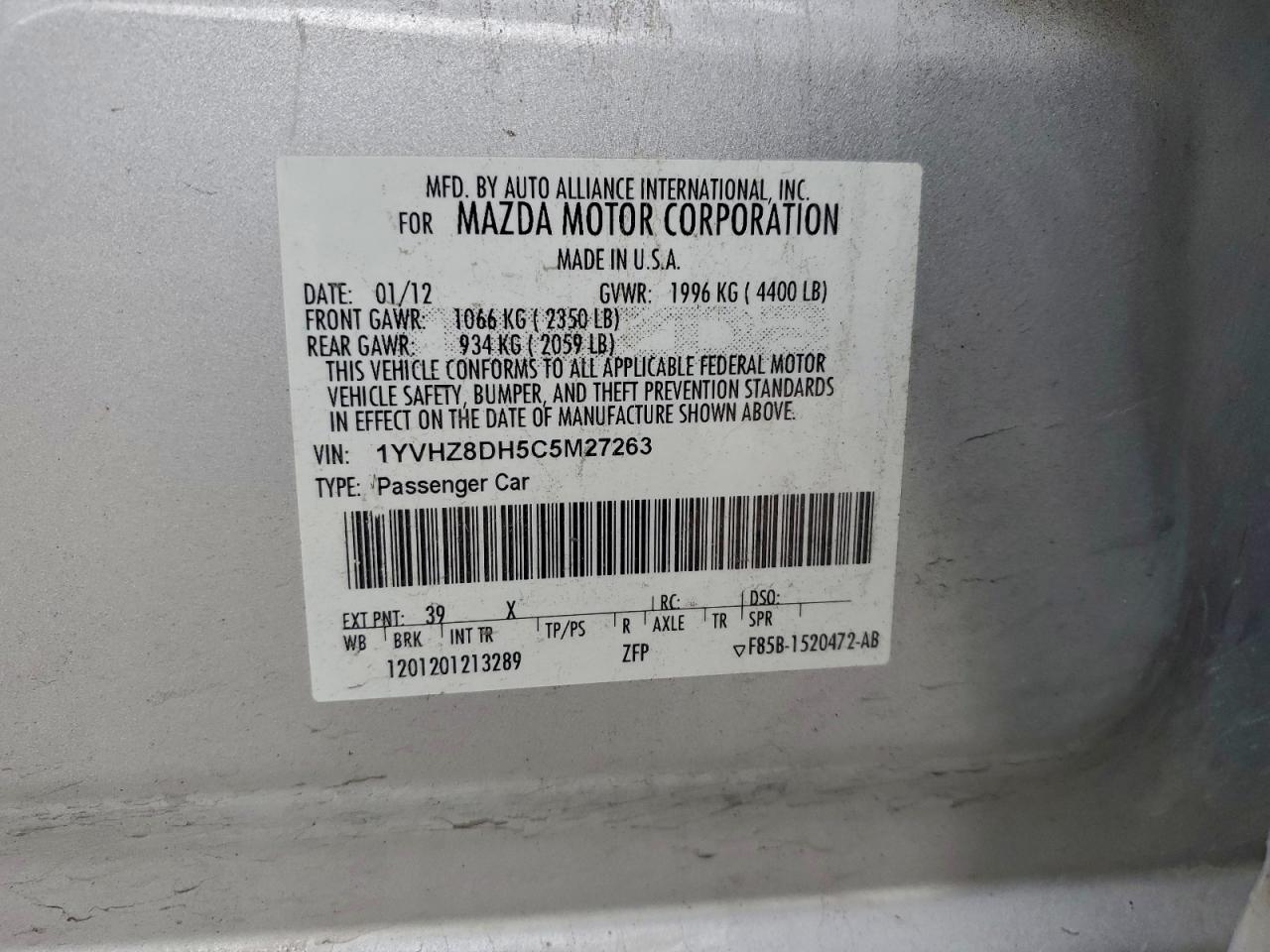 2012 Mazda 6 I Серебряный vin: 1YVHZ8DH5C5M27263