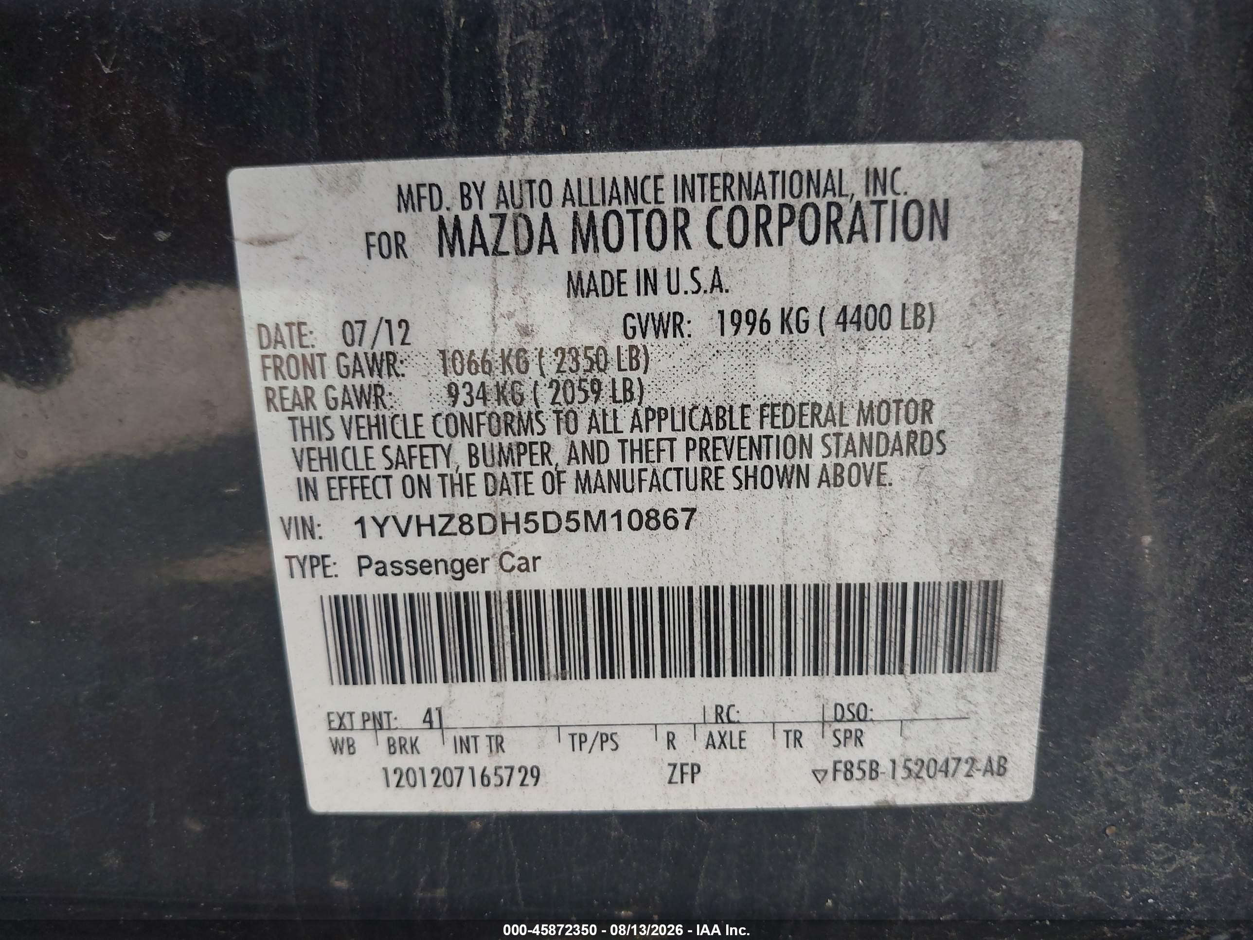 2013 Mazda Mazda6 I Touring Black vin: 1YVHZ8DH5D5M10867