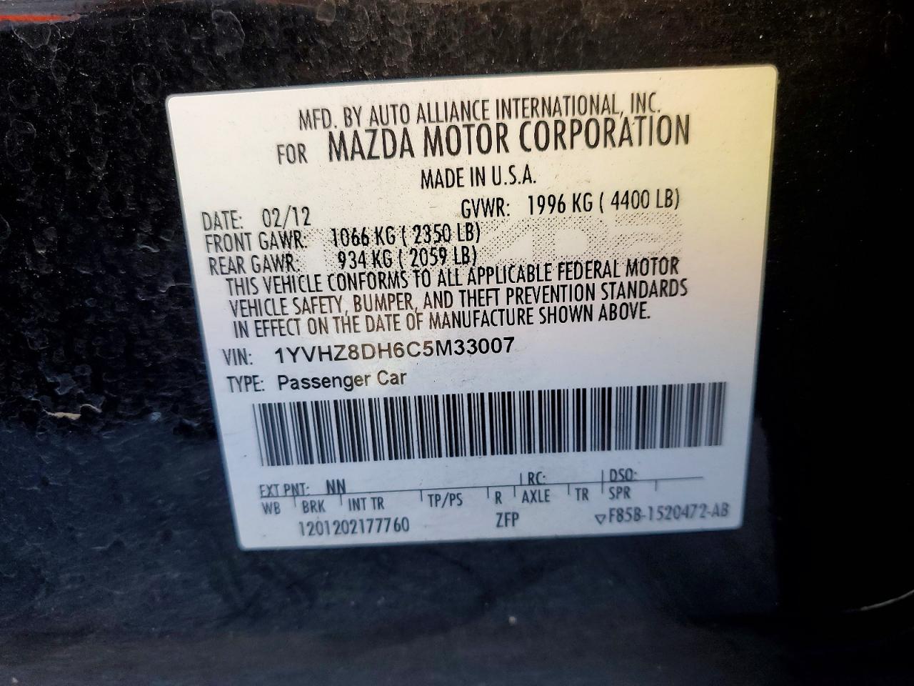 2012 Mazda 6 I Black vin: 1YVHZ8DH6C5M33007