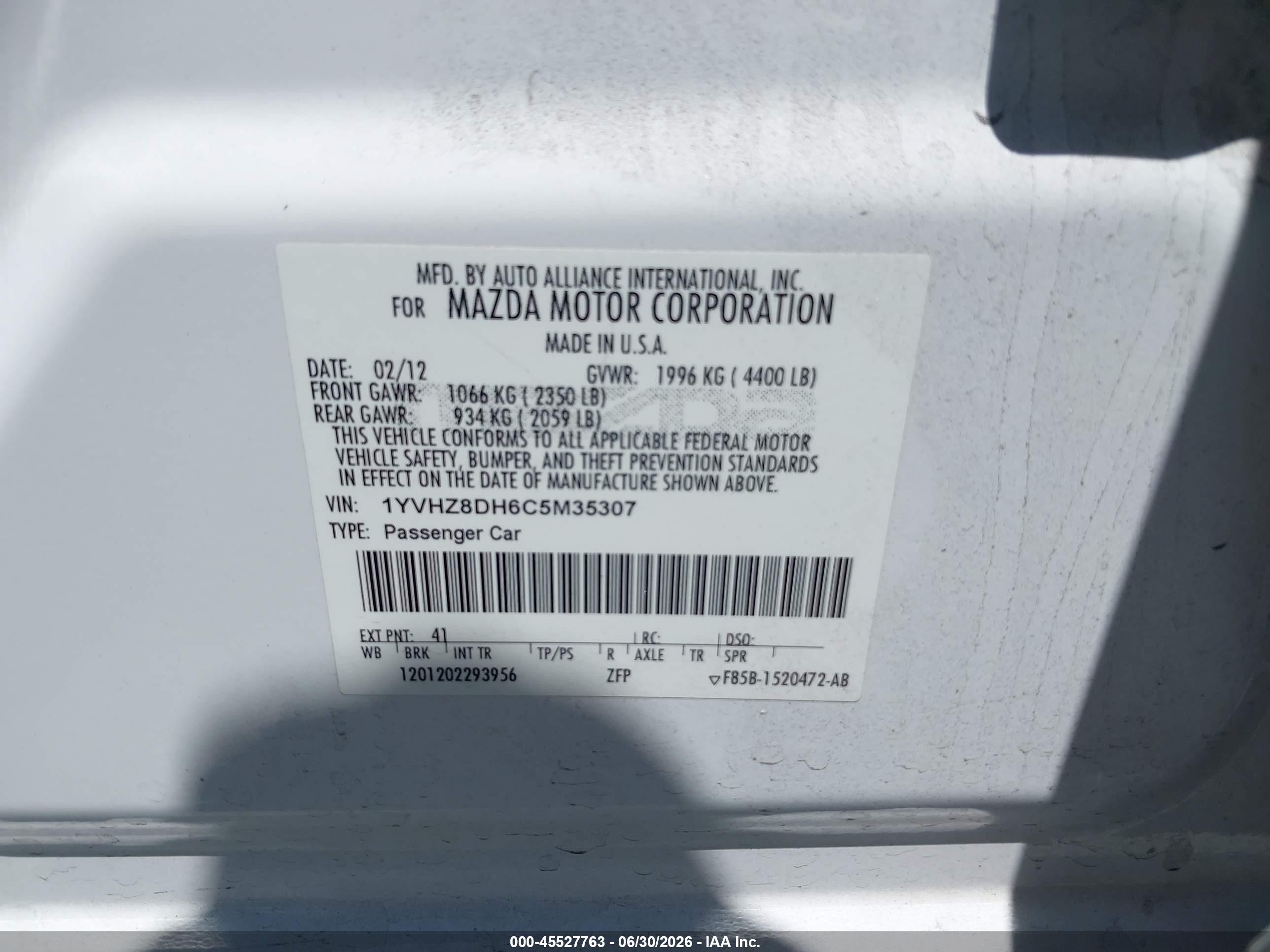 2012 Mazda Mazda6 I Touring White vin: 1YVHZ8DH6C5M35307