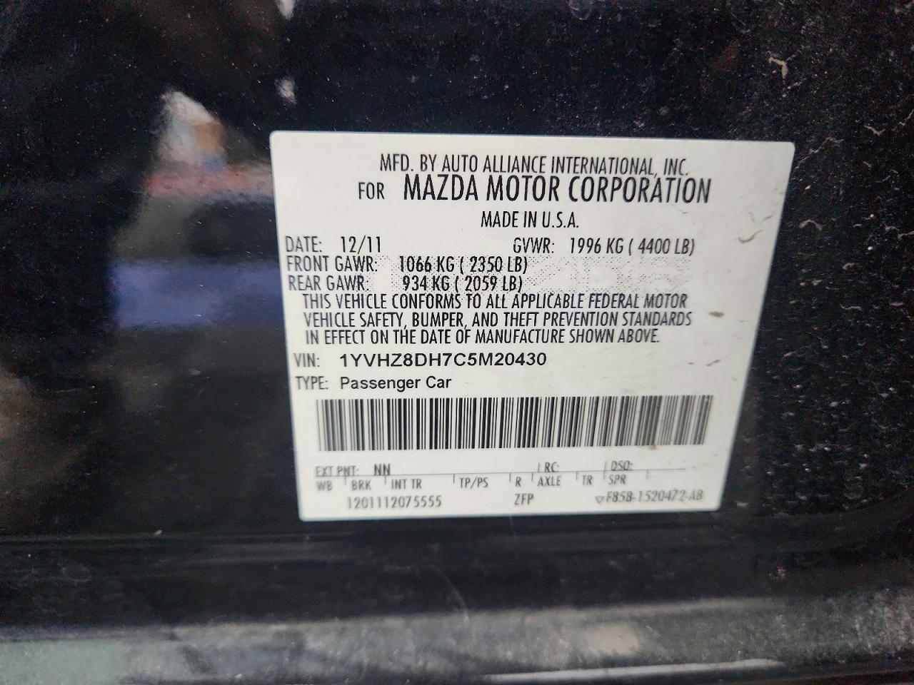 2012 Mazda 6 I Black vin: 1YVHZ8DH7C5M20430