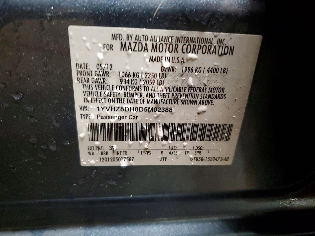 2013 Mazda 6 Touring Blue vin: 1YVHZ8DH8D5M02388