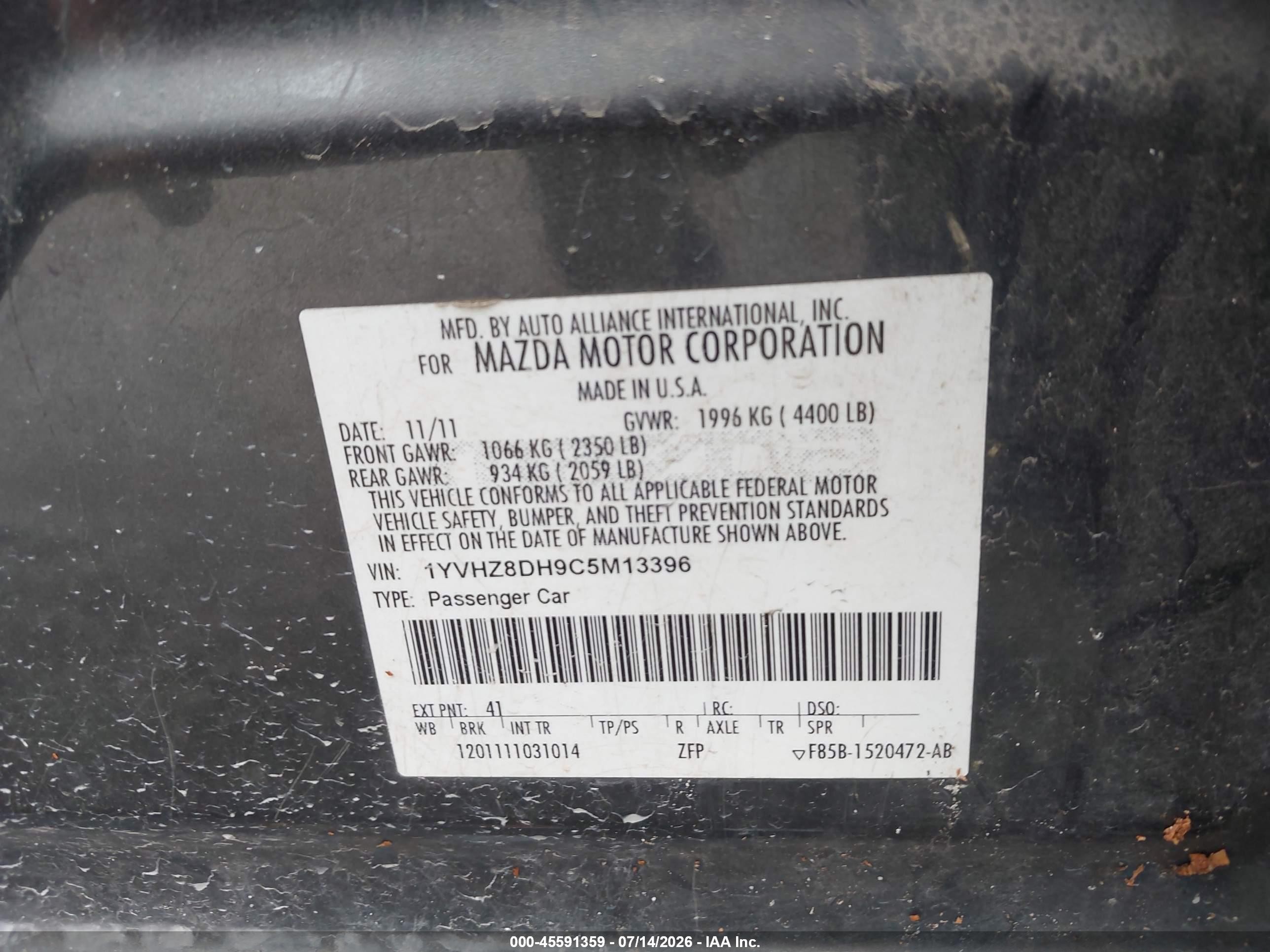 2012 Mazda Mazda6 I Touring Black vin: 1YVHZ8DH9C5M13396