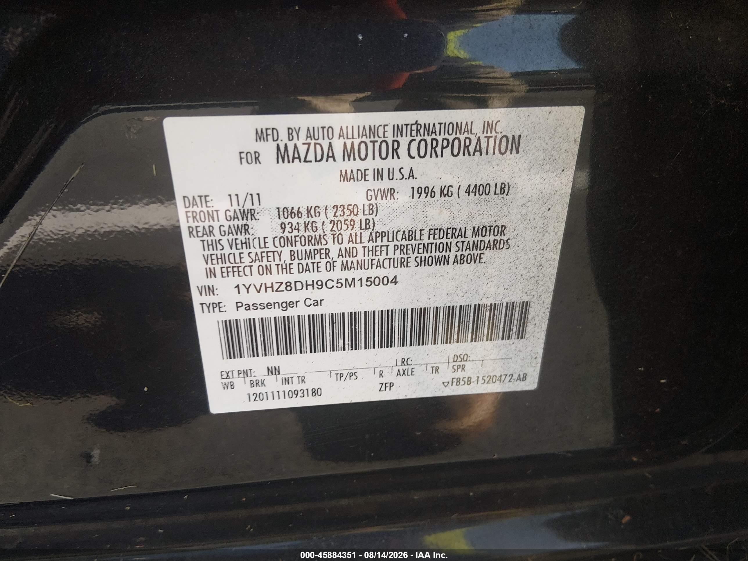 2012 Mazda Mazda6 I Touring Black vin: 1YVHZ8DH9C5M15004