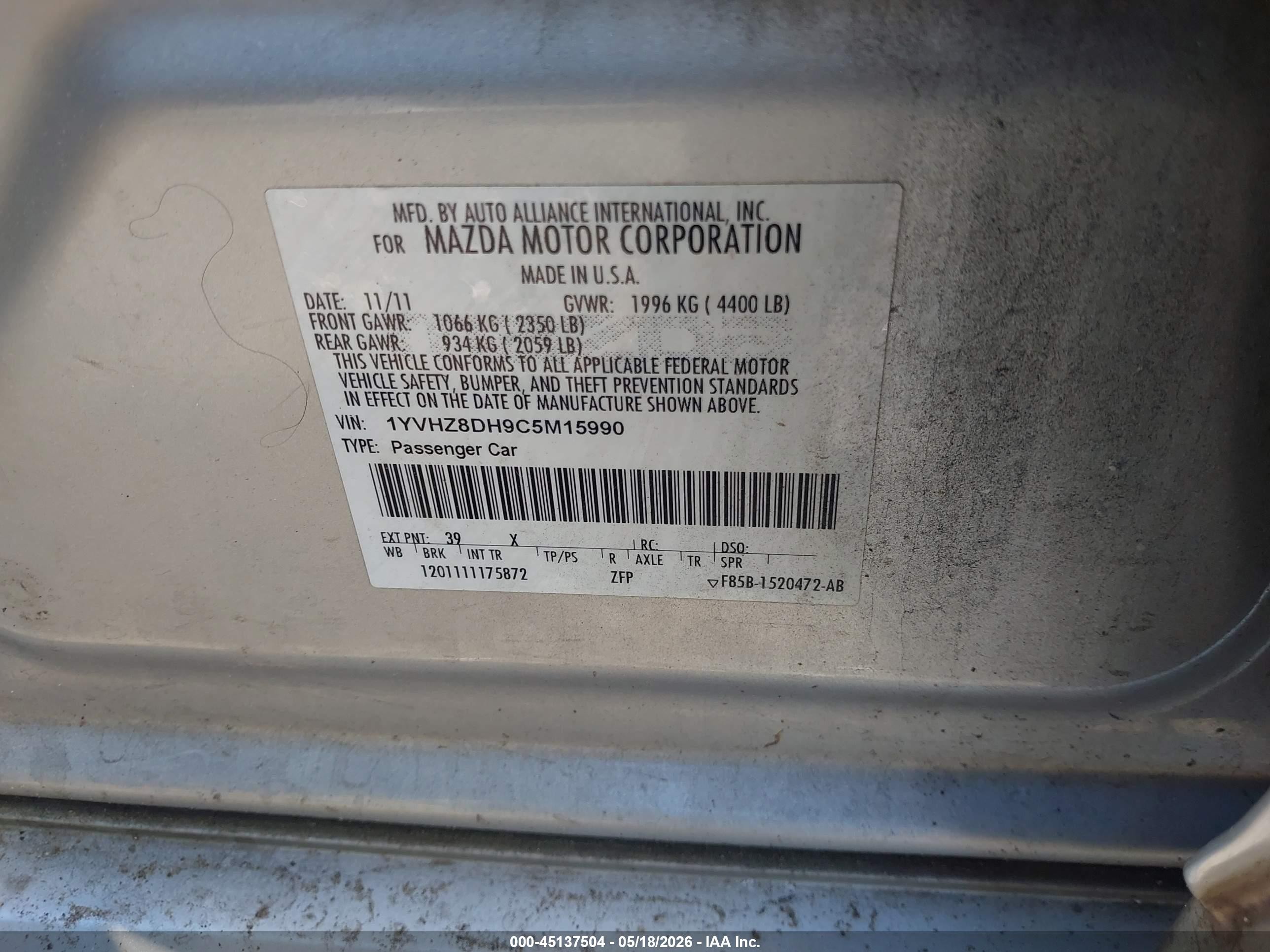 2012 Mazda Mazda6   Silver vin: 1YVHZ8DH9C5M15990