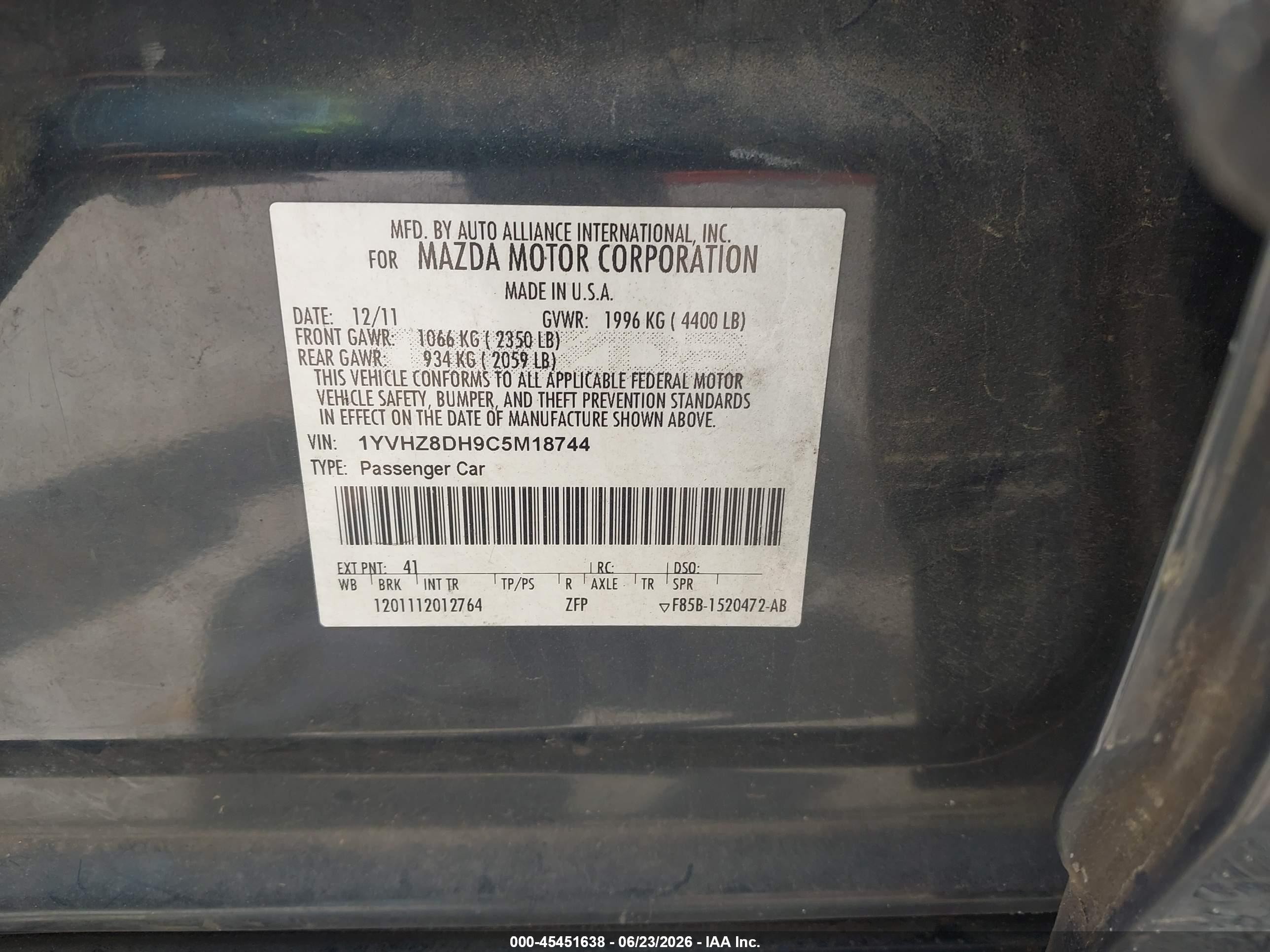 2012 Mazda Mazda6 I Touring Gray vin: 1YVHZ8DH9C5M18744
