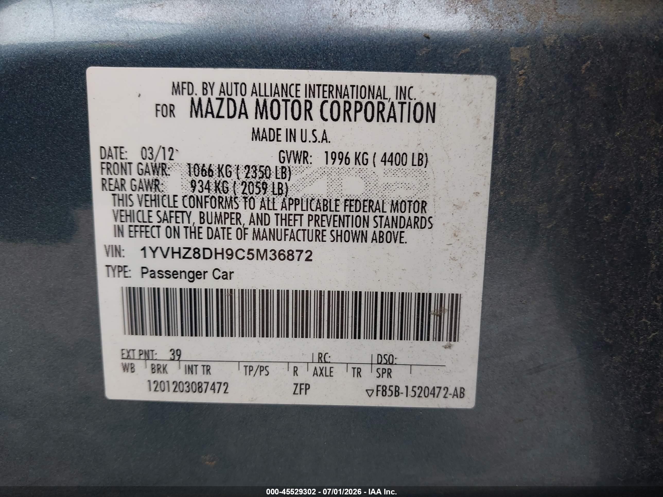2012 Mazda Mazda6 I Touring Blue vin: 1YVHZ8DH9C5M36872