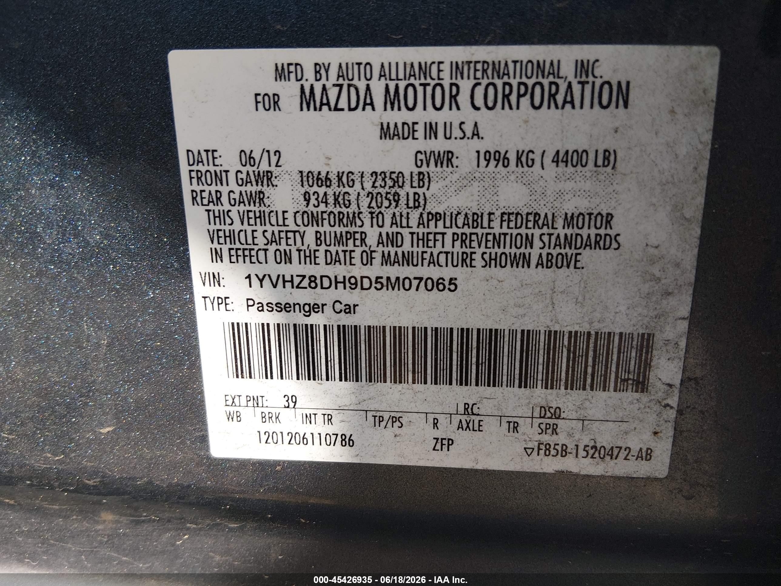 2013 Mazda Mazda6 I Touring Blue vin: 1YVHZ8DH9D5M07065