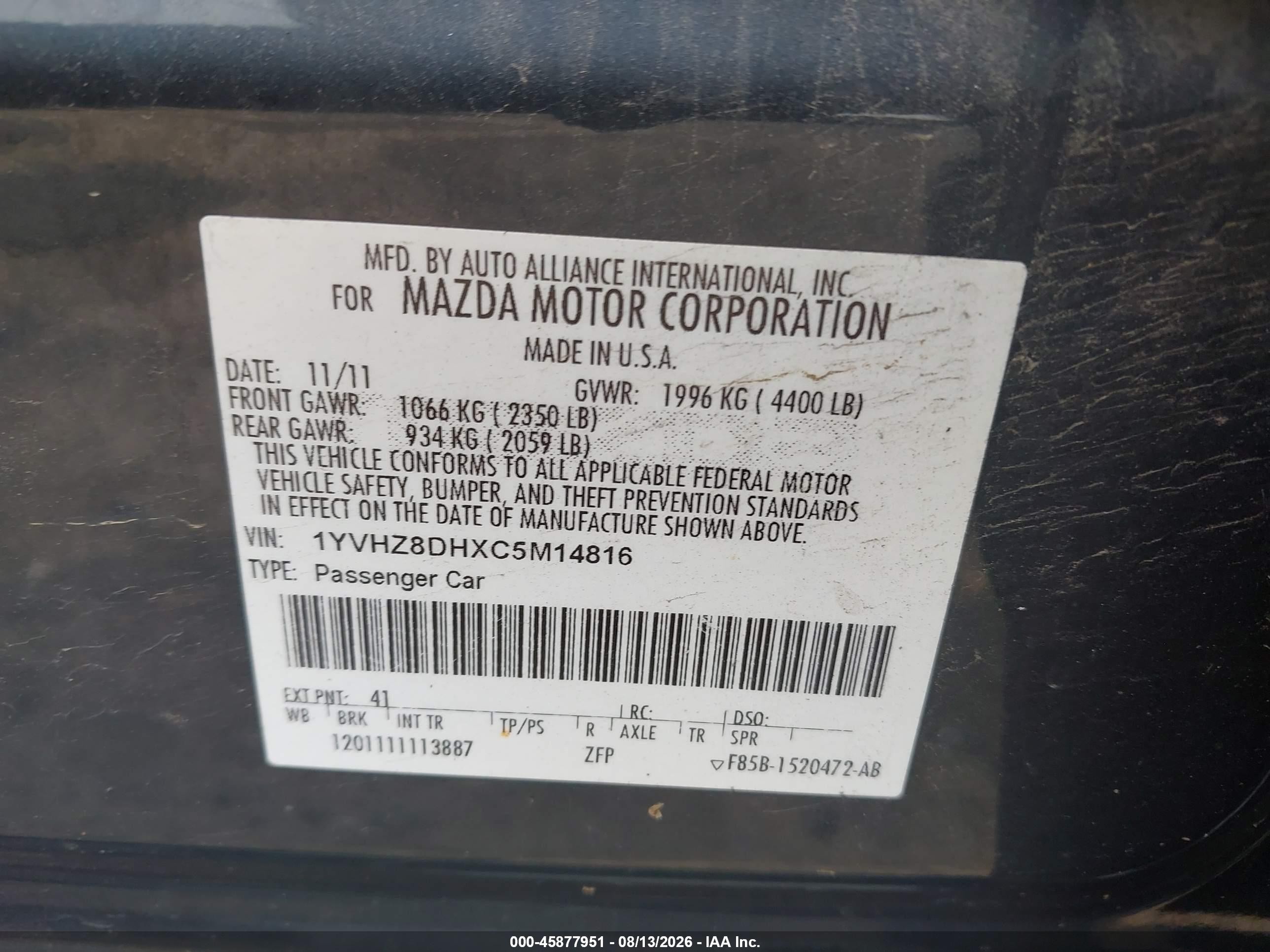 2012 Mazda Mazda6 I Touring Серый vin: 1YVHZ8DHXC5M14816