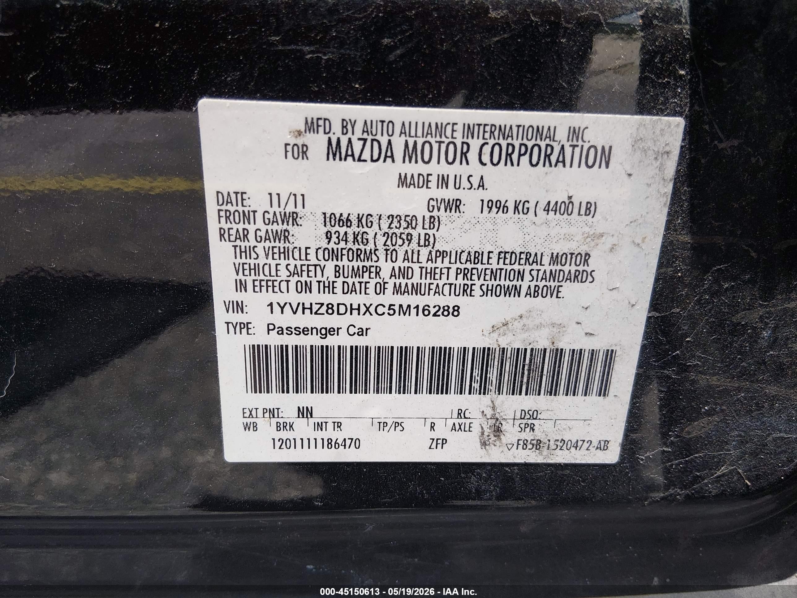 2012 Mazda Mazda6 I Touring Black vin: 1YVHZ8DHXC5M16288
