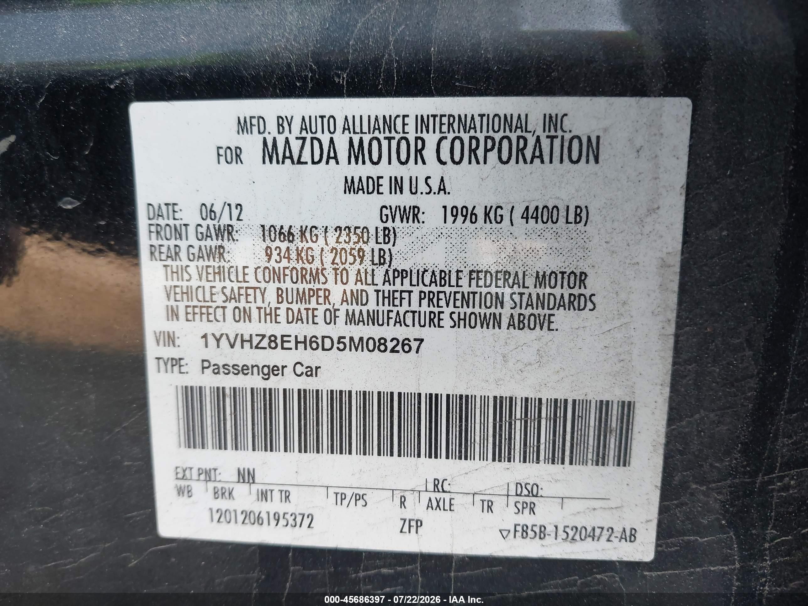 2013 Mazda Mazda6 I Touring Plus Blue vin: 1YVHZ8EH6D5M08267