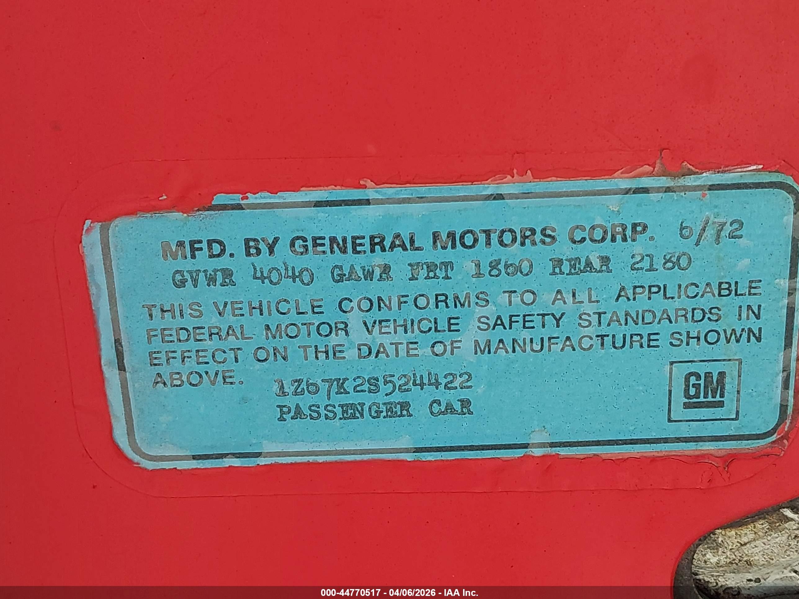 1972 Chevrolet Corvette   Red vin: 1Z67K2S524422    