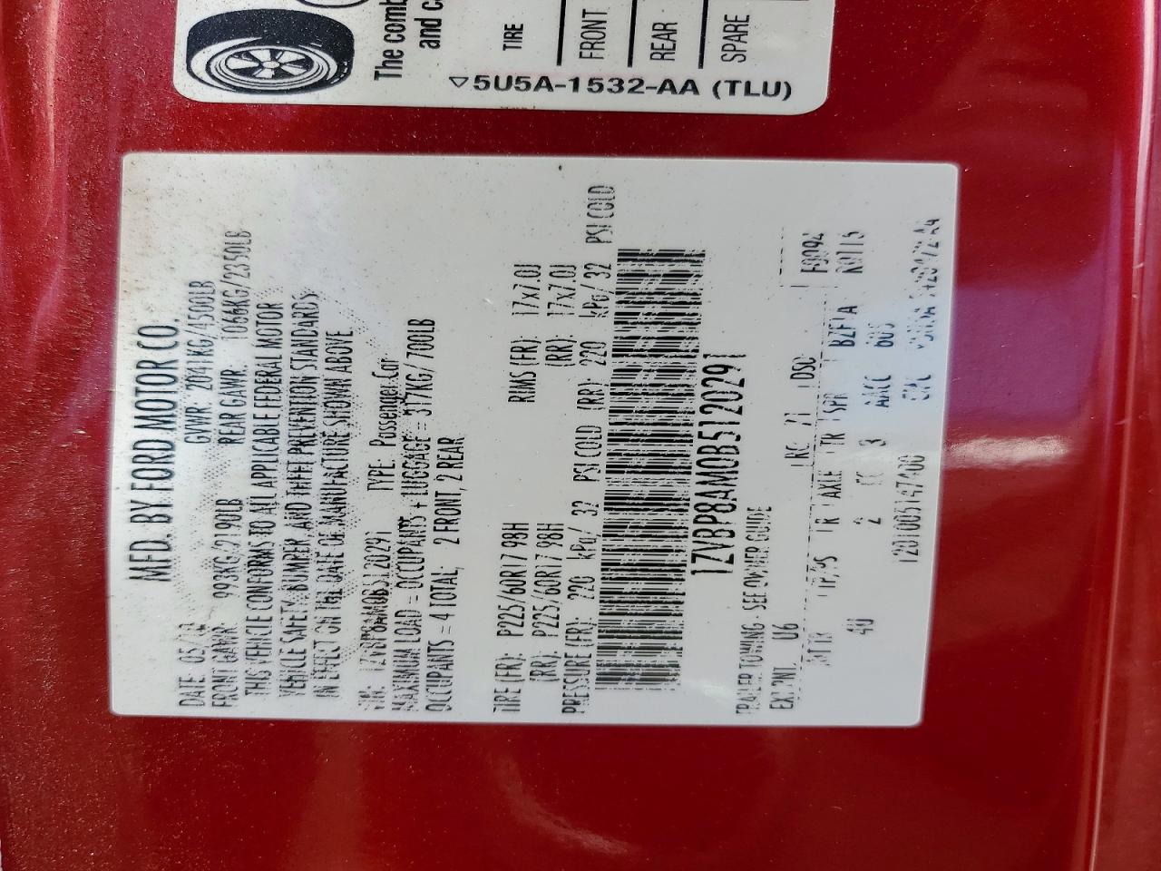 2011 Ford Mustang Red vin: 1ZVBP8AM0B5120291