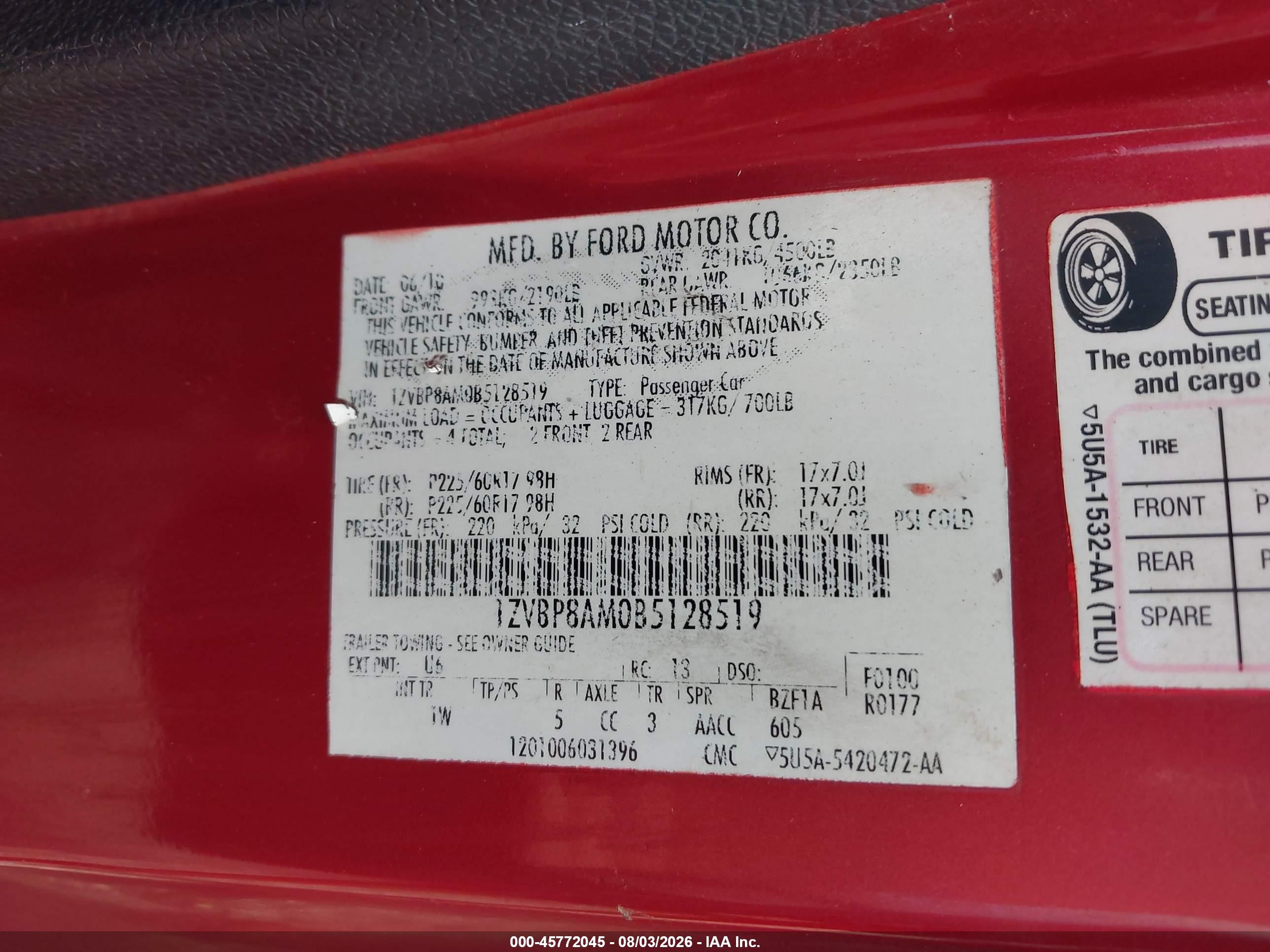2011 Ford Mustang V6 Red vin: 1ZVBP8AM0B5128519