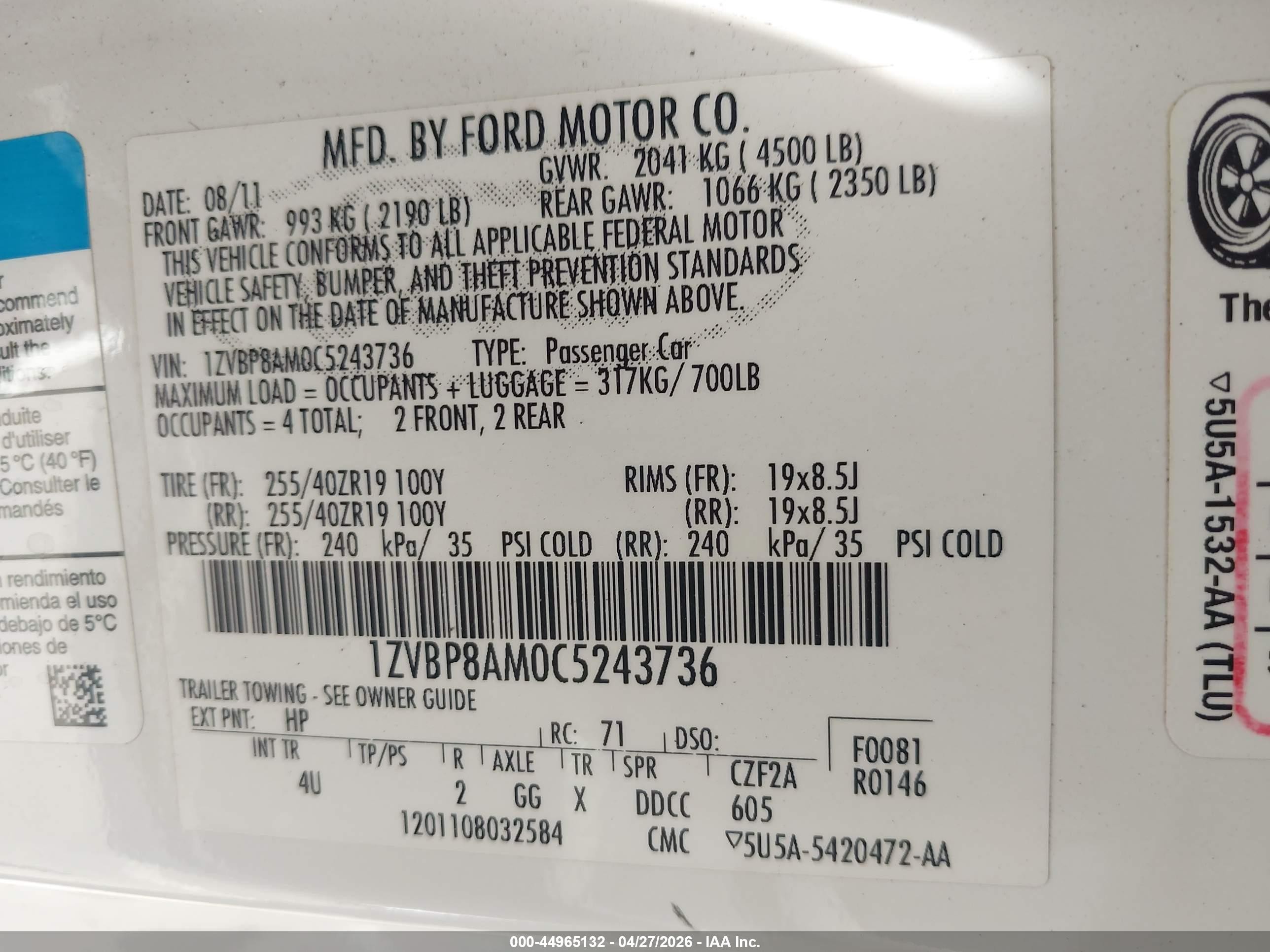 2012 Ford Mustang V6 Premium White vin: 1ZVBP8AM0C5243736