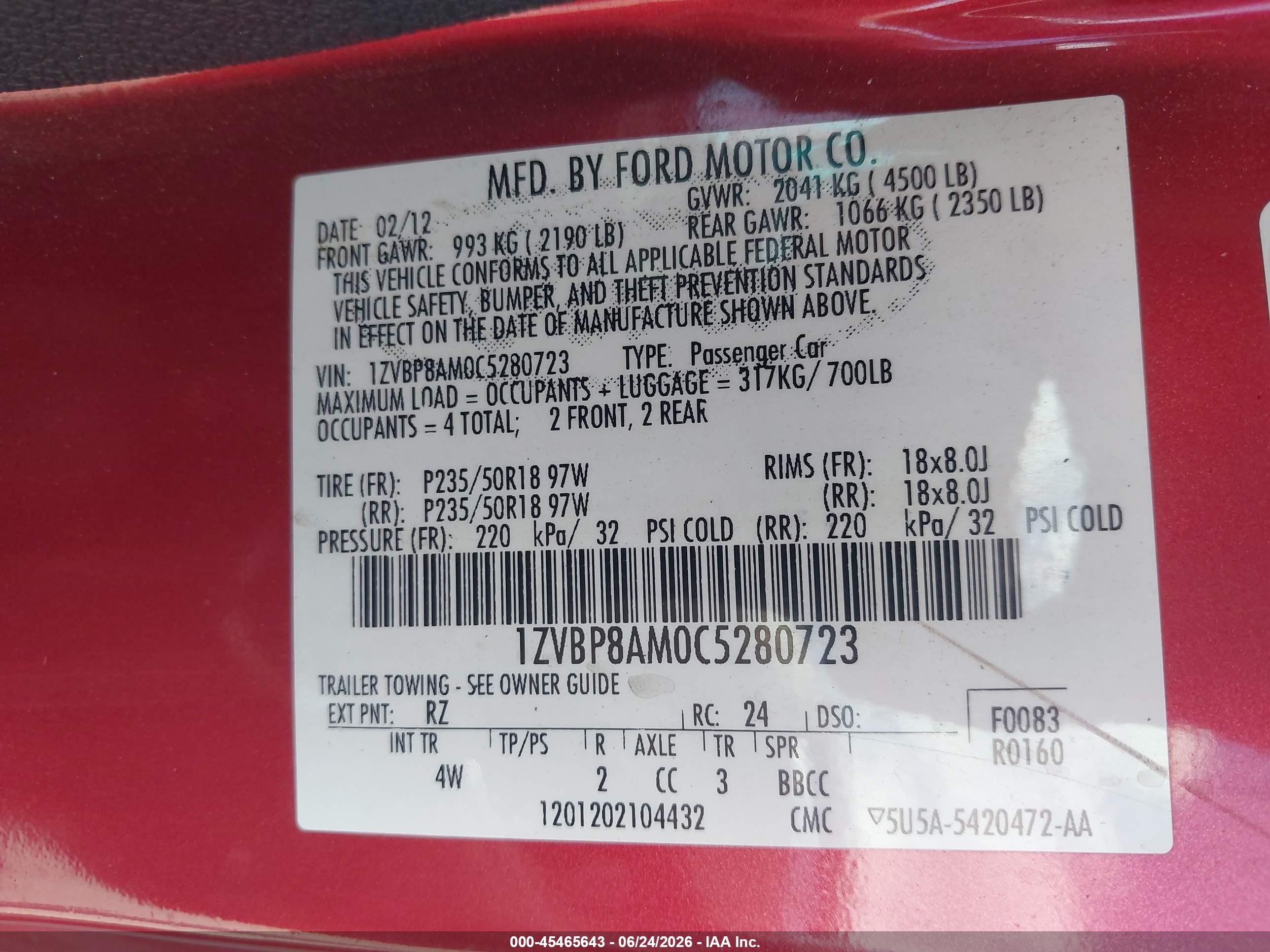 2012 Ford Mustang V6/v6 Premium Red vin: 1ZVBP8AM0C5280723