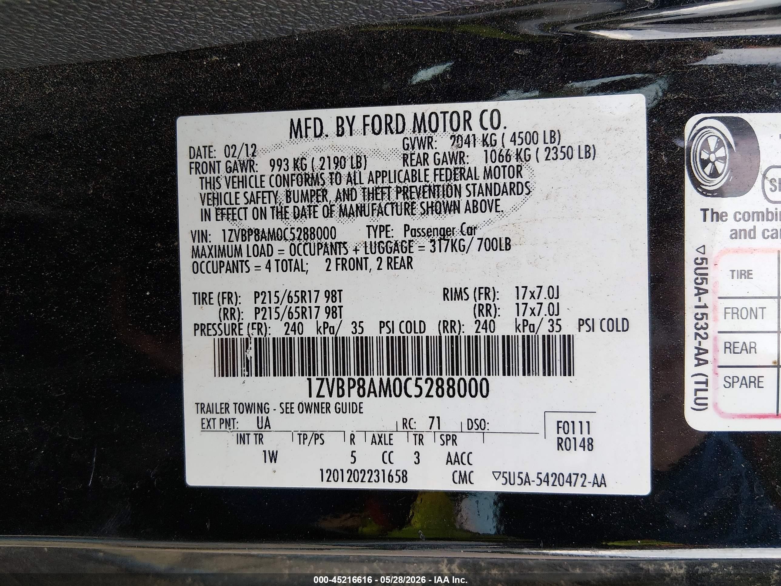 2012 Ford Mustang V6 Black vin: 1ZVBP8AM0C5288000