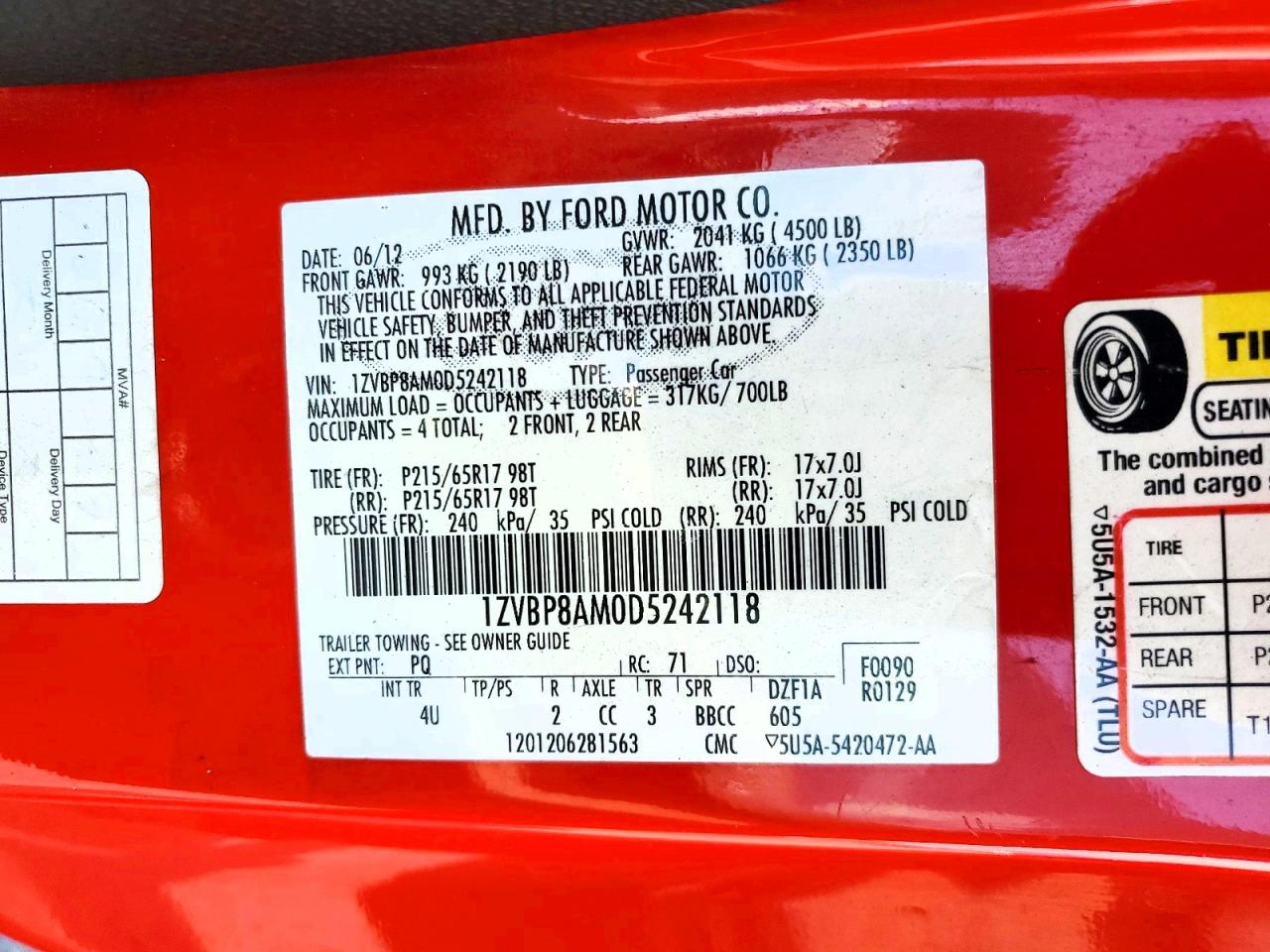 2013 Ford Mustang Red vin: 1ZVBP8AM0D5242118