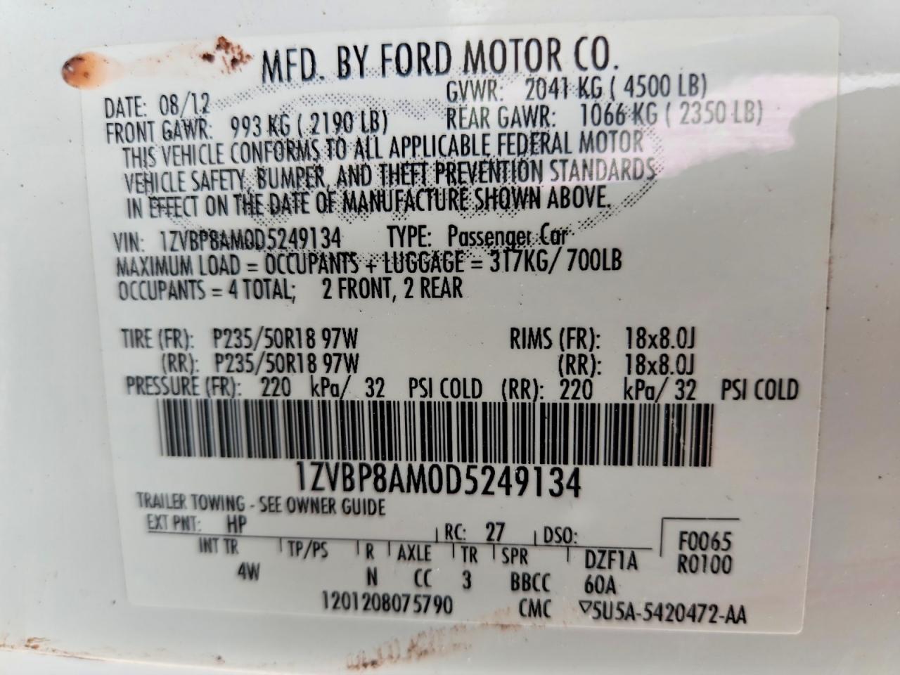 2013 Ford Mustang White vin: 1ZVBP8AM0D5249134