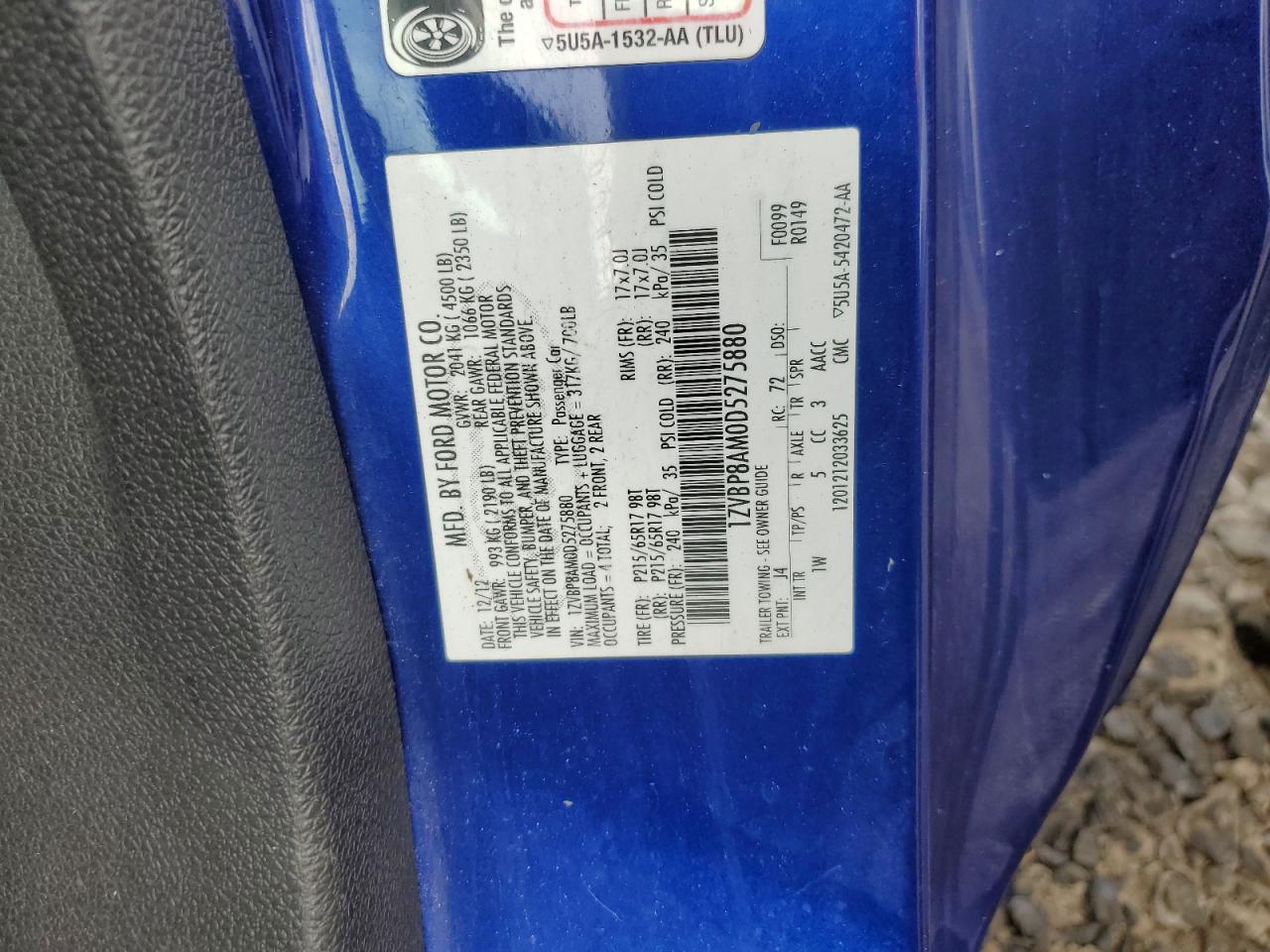 2013 Ford Mustang Blue vin: 1ZVBP8AM0D5275880
