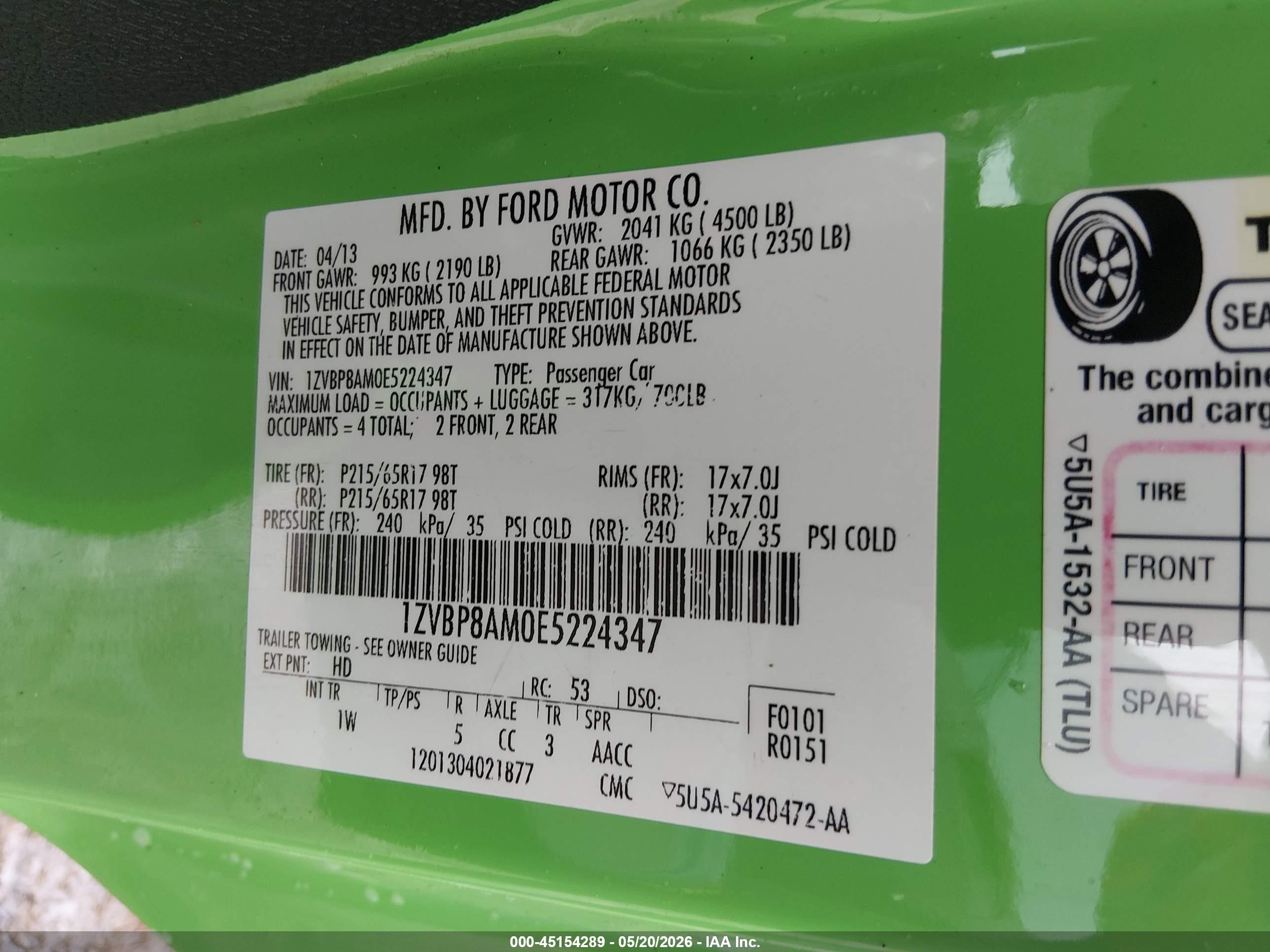 2014 Ford Mustang V6 Green vin: 1ZVBP8AM0E5224347