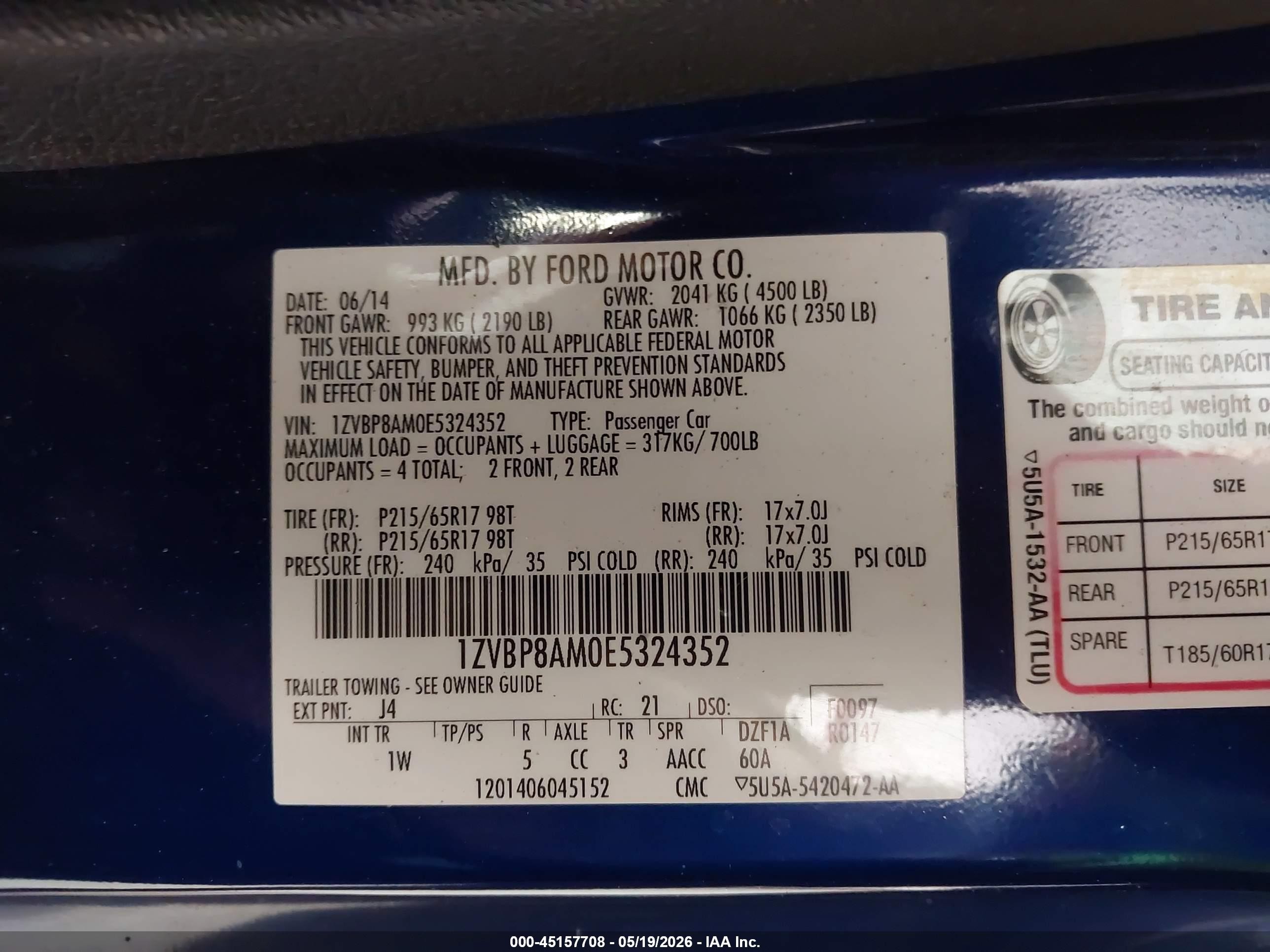 2014 Ford Mustang V6 Blue vin: 1ZVBP8AM0E5324352