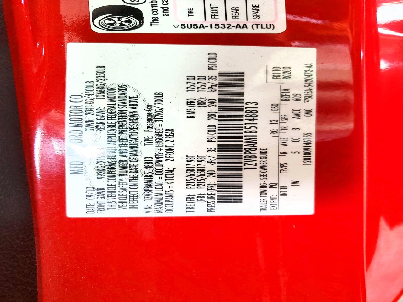 2011 Ford Mustang Red vin: 1ZVBP8AM1B5148813