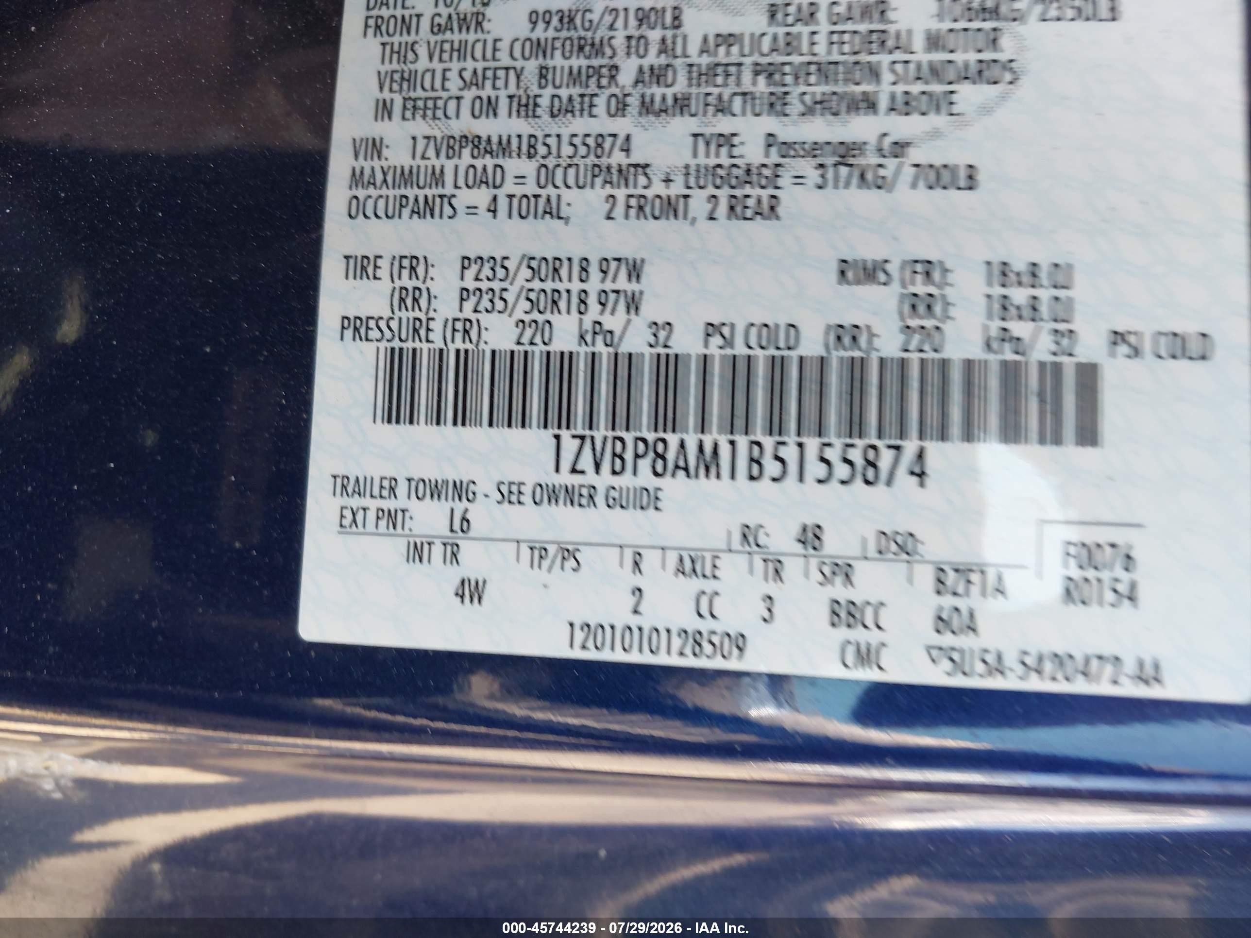 2011 Ford Mustang V6 Premium Blue vin: 1ZVBP8AM1B5155874
