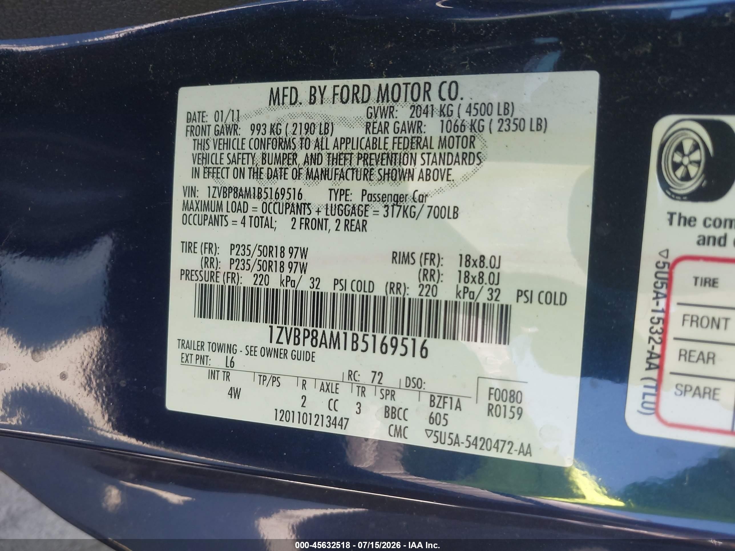2011 Ford Mustang V6 Premium Blue vin: 1ZVBP8AM1B5169516