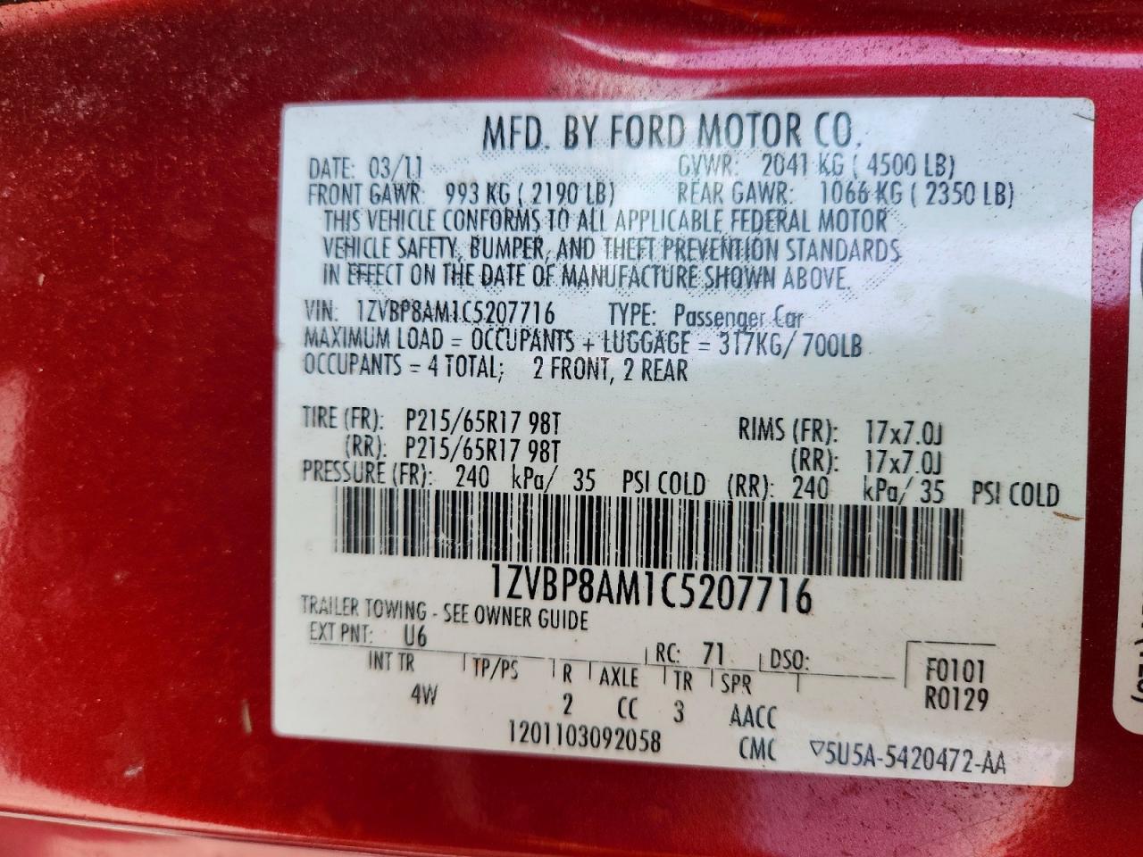 2012 Ford Mustang Base Red vin: 1ZVBP8AM1C5207716