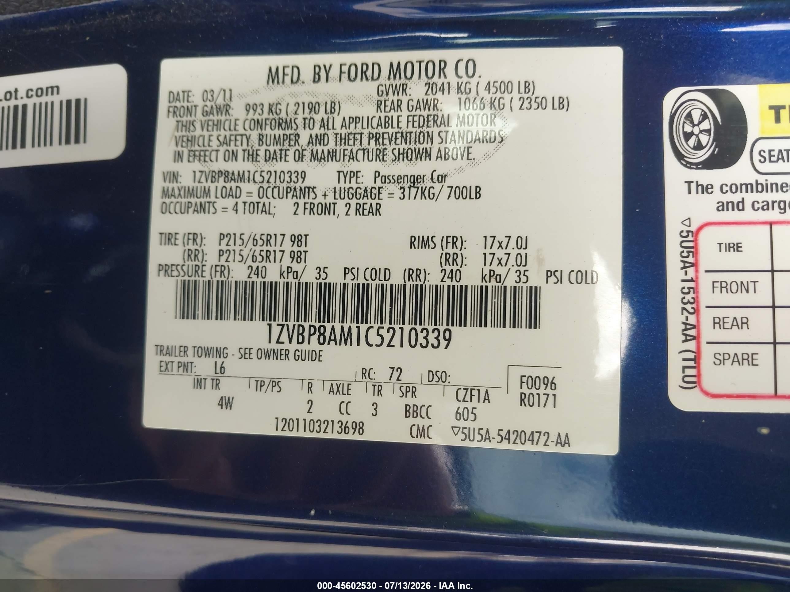 2012 Ford Mustang V6 Premium Blue vin: 1ZVBP8AM1C5210339