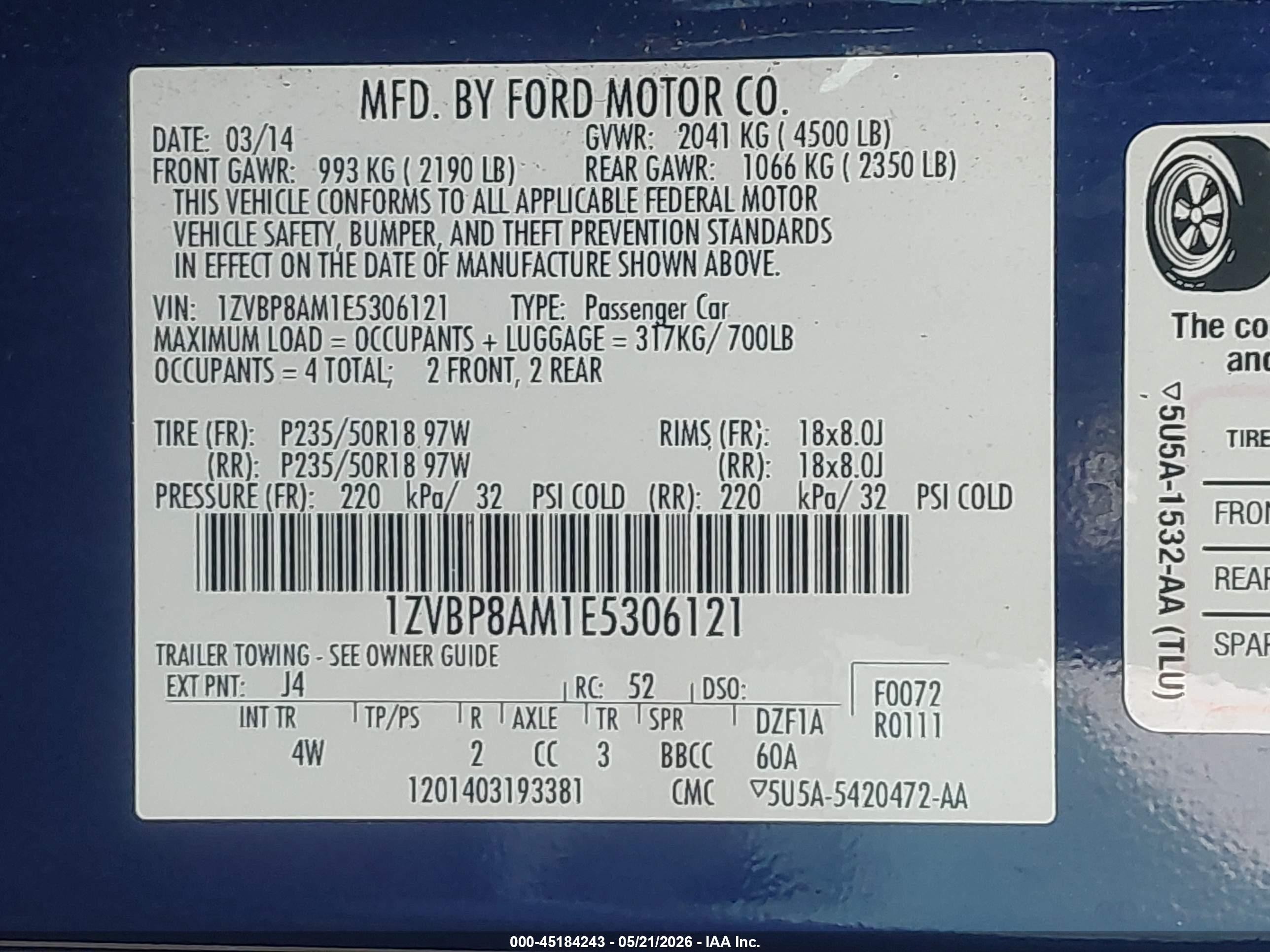 2014 Ford Mustang V6 Premium Blue vin: 1ZVBP8AM1E5306121