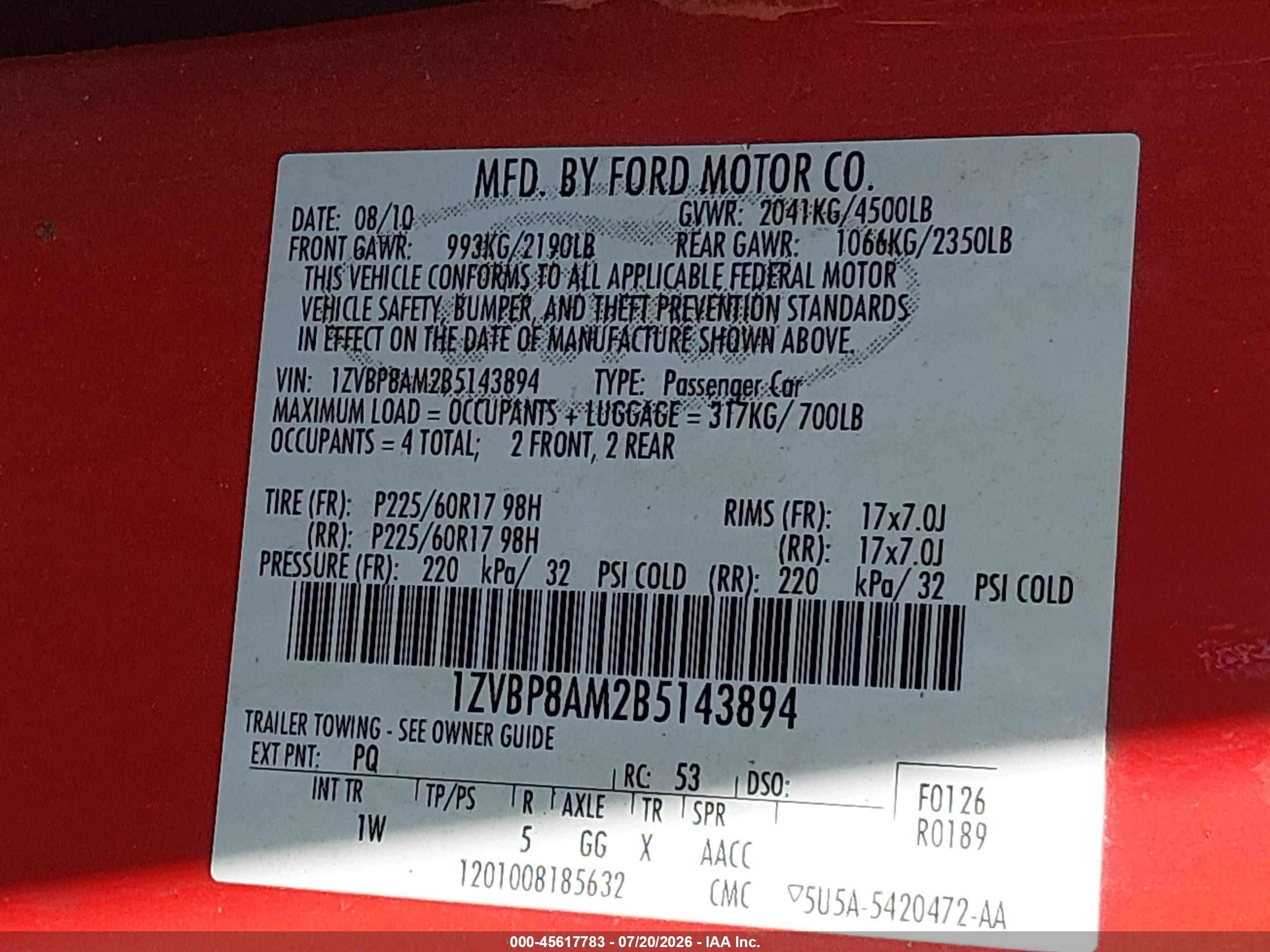 2011 Ford Mustang V6 Красный vin: 1ZVBP8AM2B5143894
