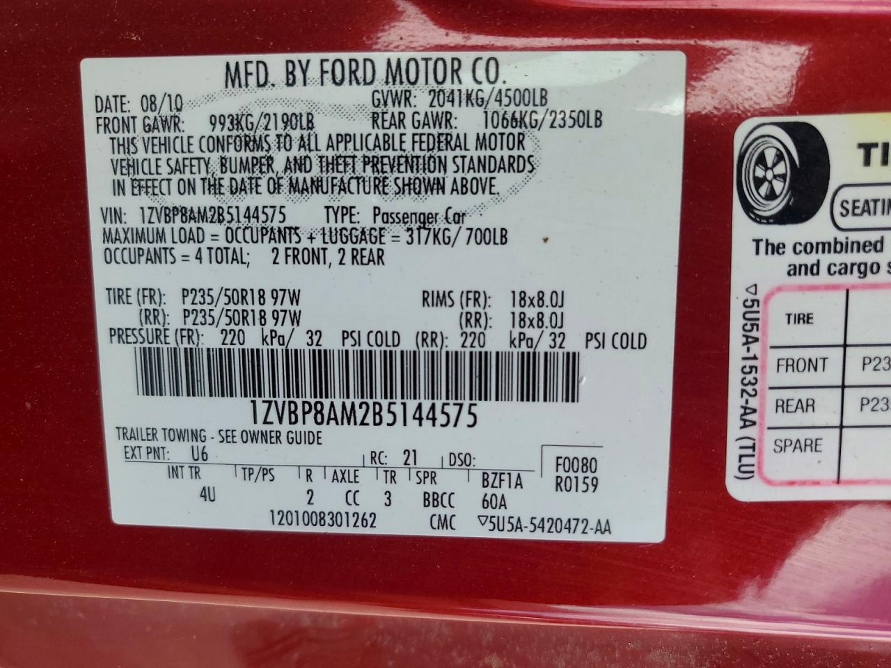 2011 Ford Mustang Red vin: 1ZVBP8AM2B5144575