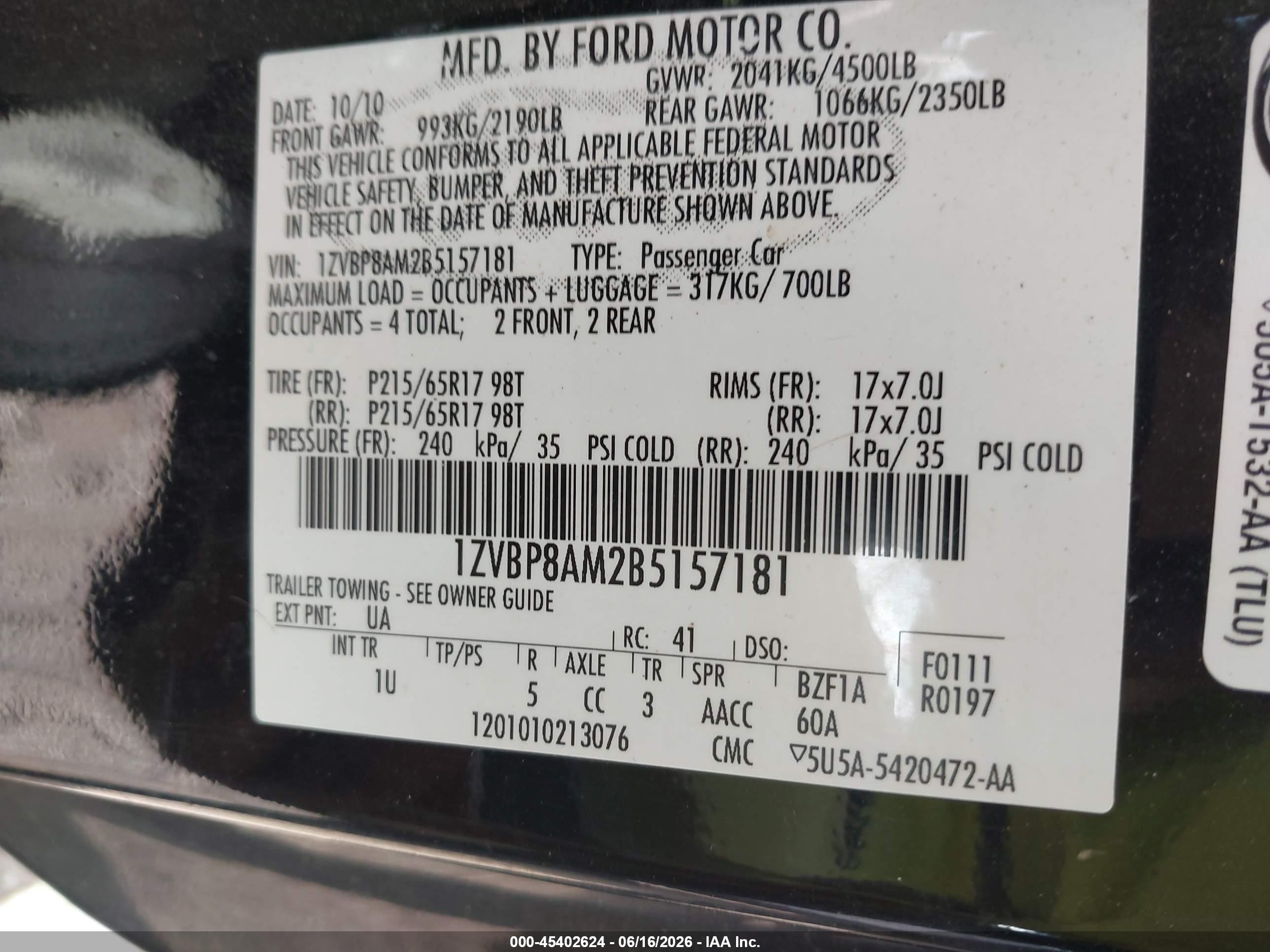 2011 Ford Mustang V6/v6 Premium Black vin: 1ZVBP8AM2B5157181