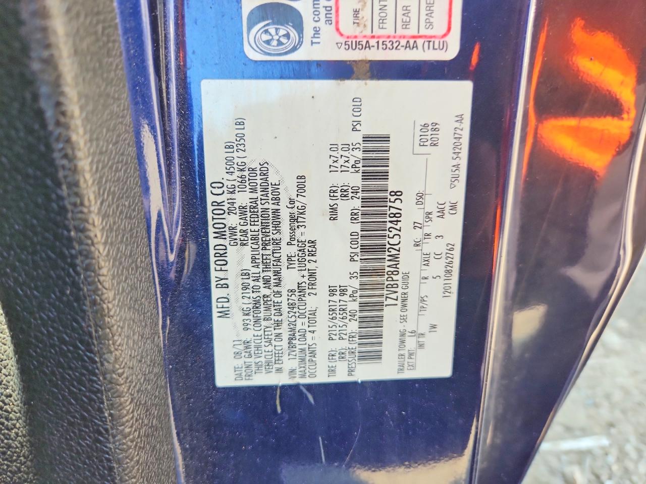 2012 Ford Mustang Blue vin: 1ZVBP8AM2C5248758