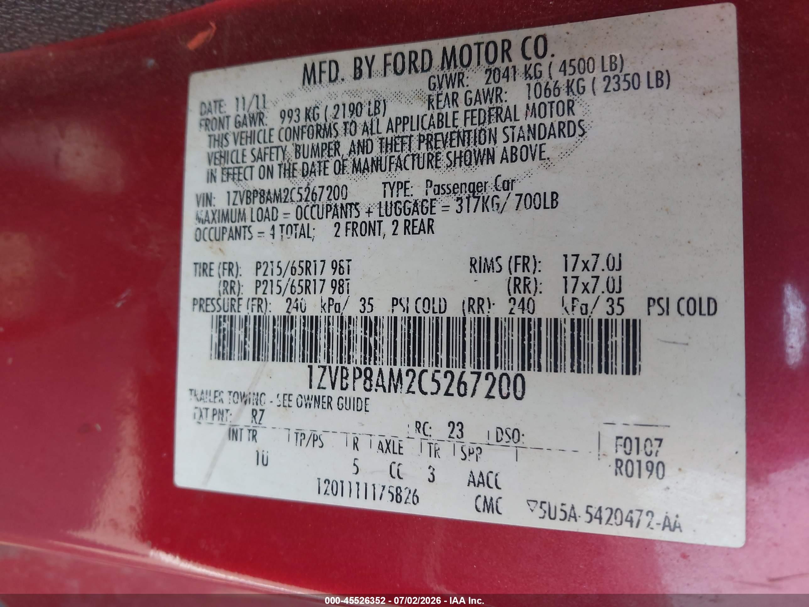 2012 Ford Mustang V6/v6 Premium Red vin: 1ZVBP8AM2C5267200