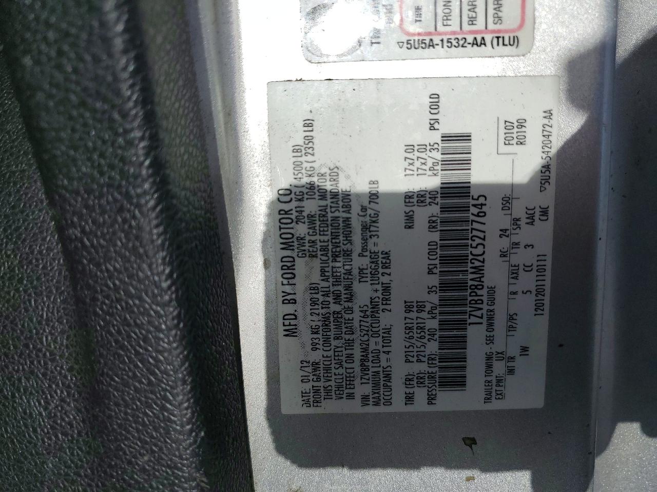 2012 Ford Mustang Gray vin: 1ZVBP8AM2C5277645