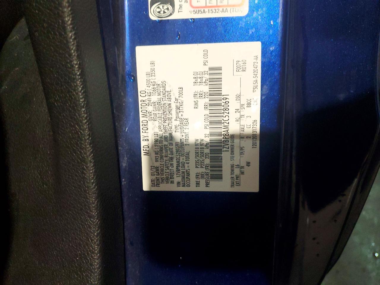 2012 Ford Mustang Blue vin: 1ZVBP8AM2C5280691