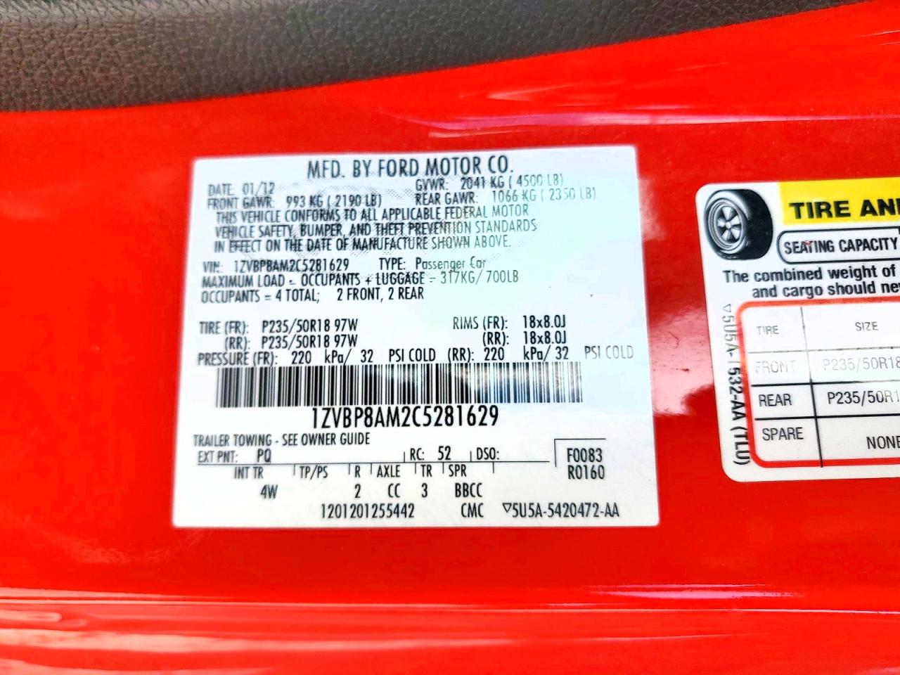 2012 Ford Mustang Red vin: 1ZVBP8AM2C5281629