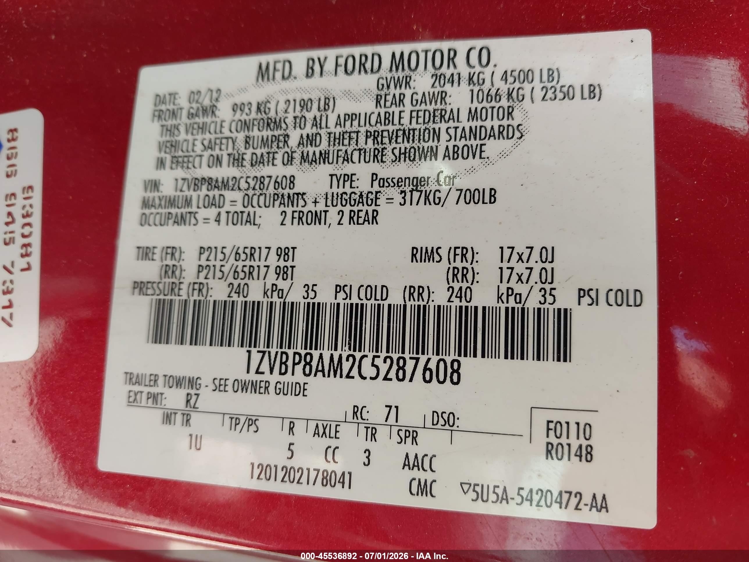 2012 Ford Mustang V6/v6 Premium Red vin: 1ZVBP8AM2C5287608