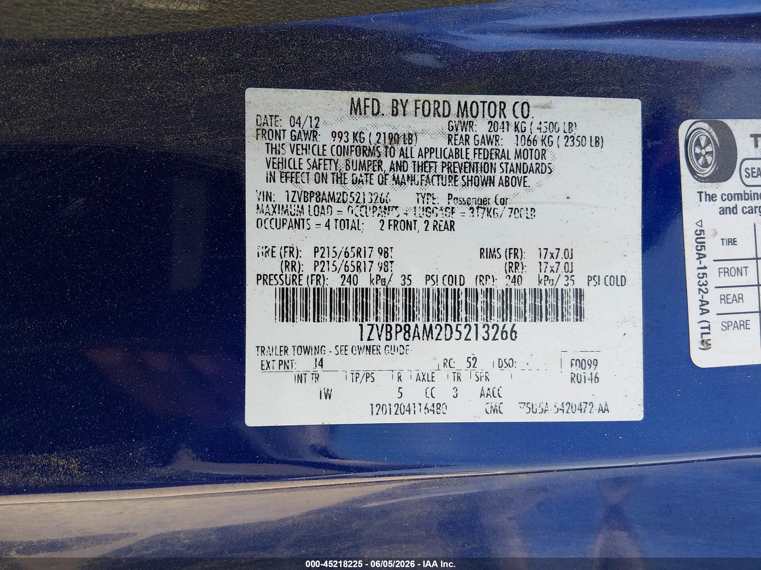 2013 Ford Mustang V6 Blue vin: 1ZVBP8AM2D5213266