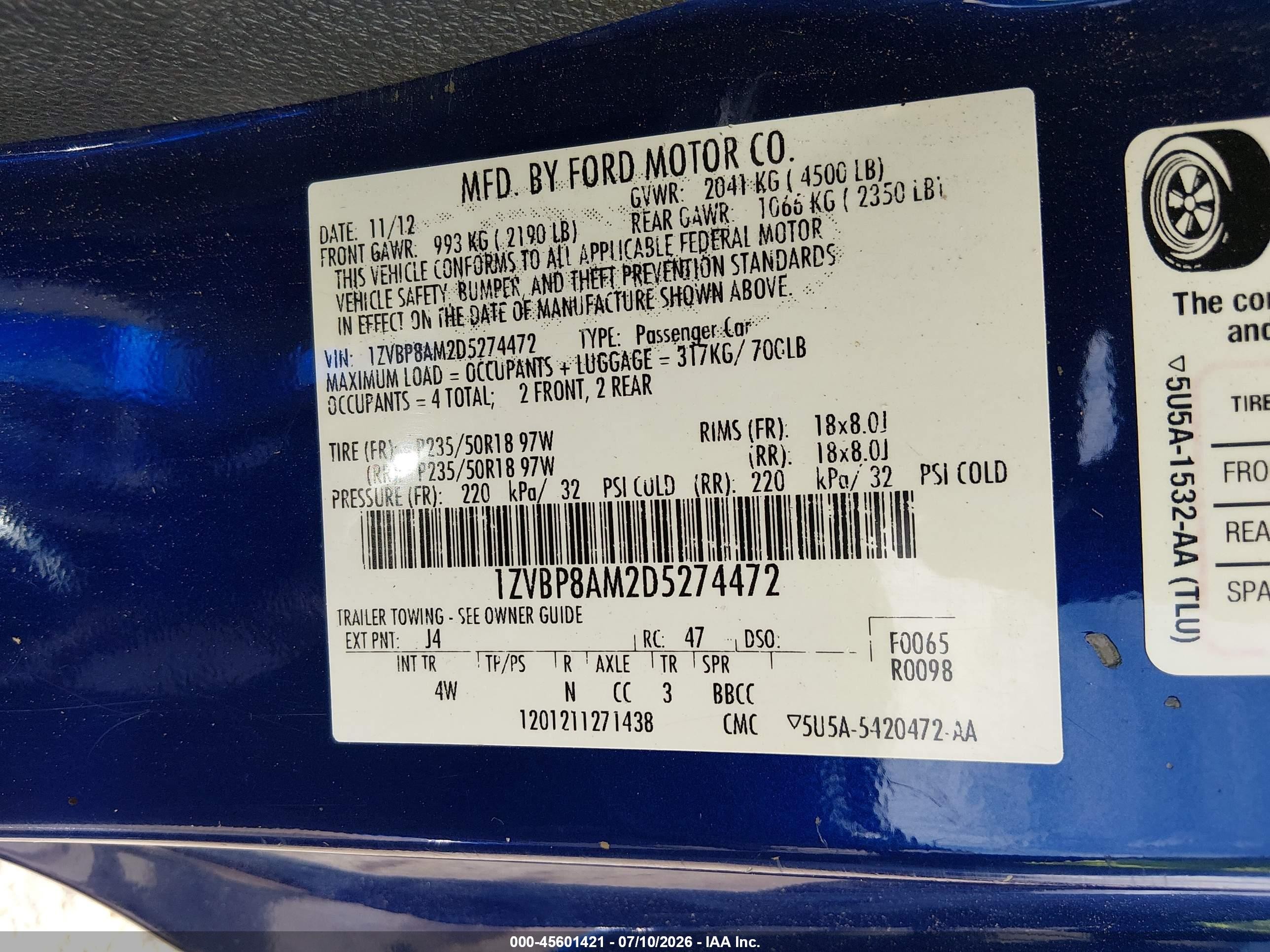 2013 Ford Mustang V6 Premium Blue vin: 1ZVBP8AM2D5274472