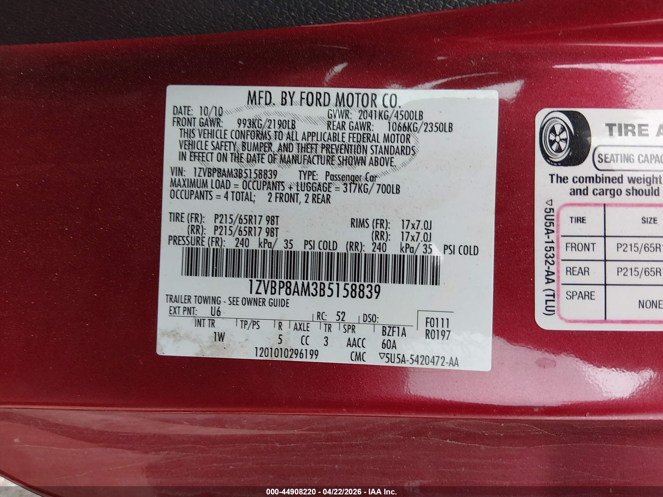 2011 Ford Mustang V6 Red vin: 1ZVBP8AM3B5158839