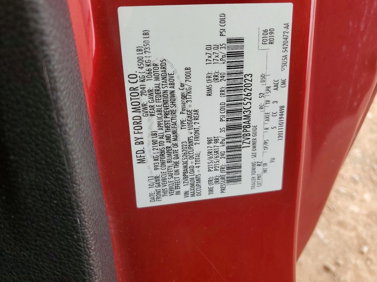 2012 Ford Mustang Red vin: 1ZVBP8AM3C5262023