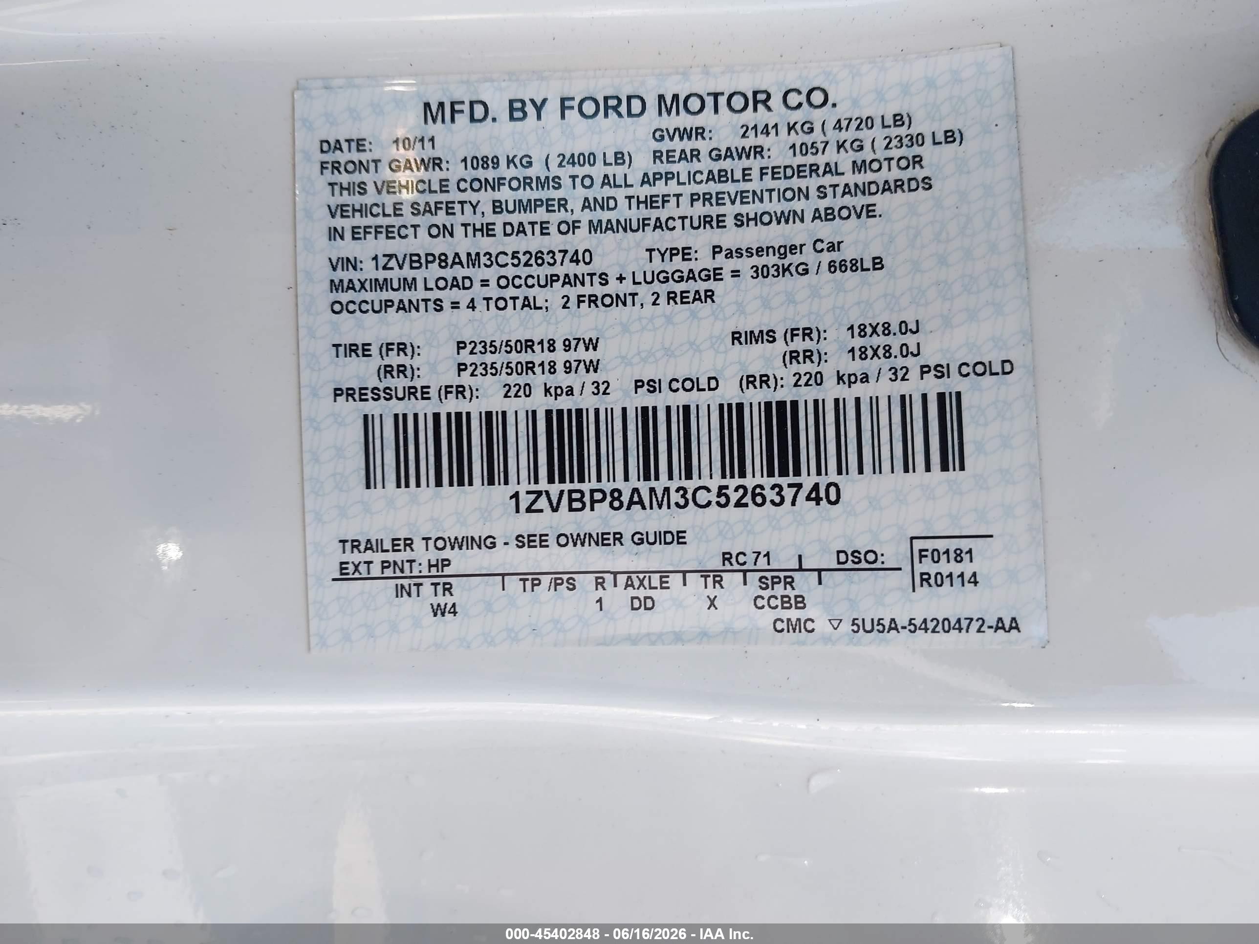 2012 Ford Mustang V6 Premium White vin: 1ZVBP8AM3C5263740