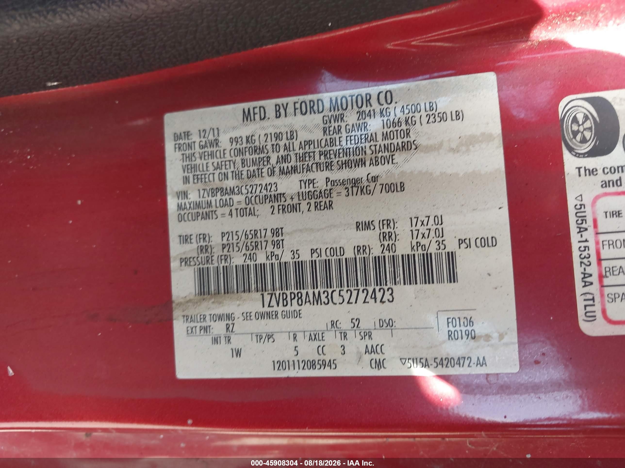 2012 Ford Mustang V6 Red vin: 1ZVBP8AM3C5272423