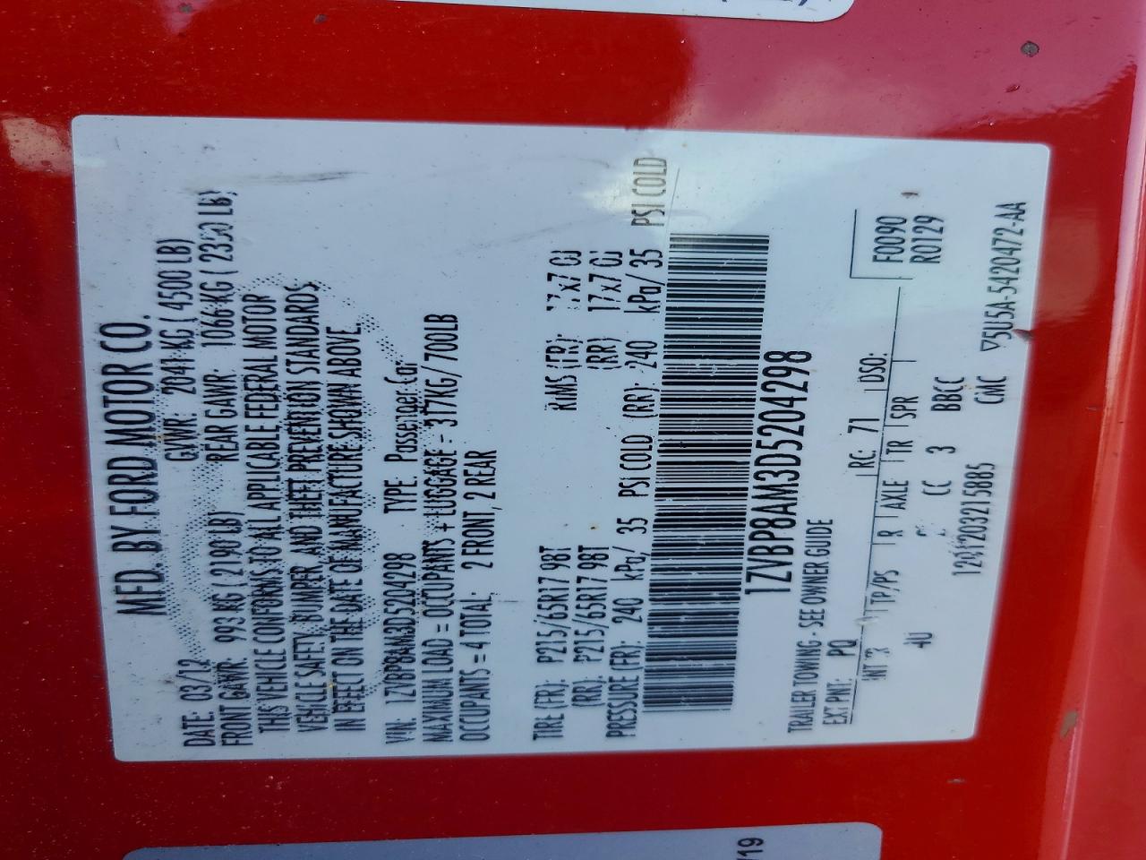 2013 Ford Mustang Red vin: 1ZVBP8AM3D5204298
