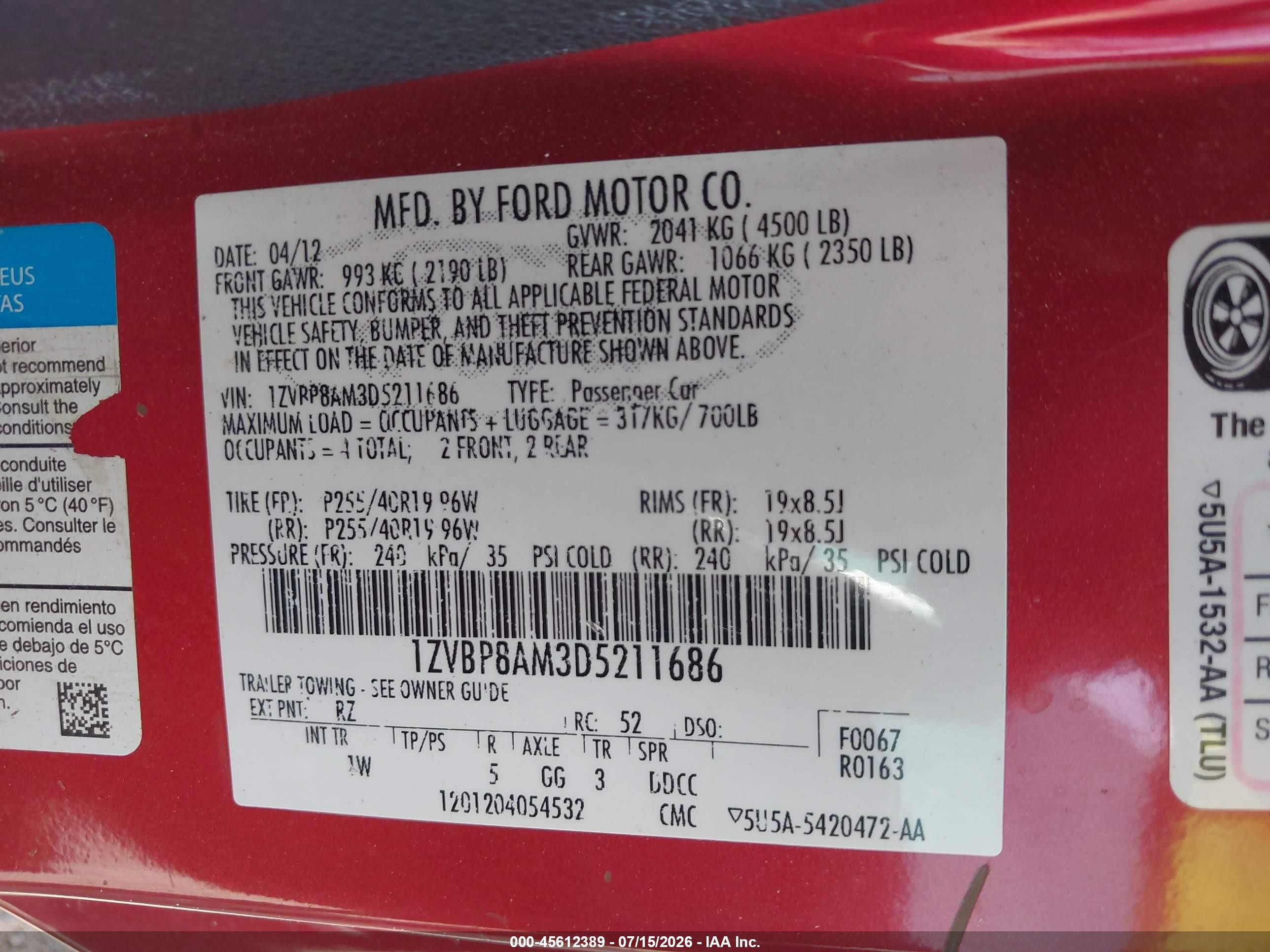 2013 Ford Mustang V6 Красный vin: 1ZVBP8AM3D5211686