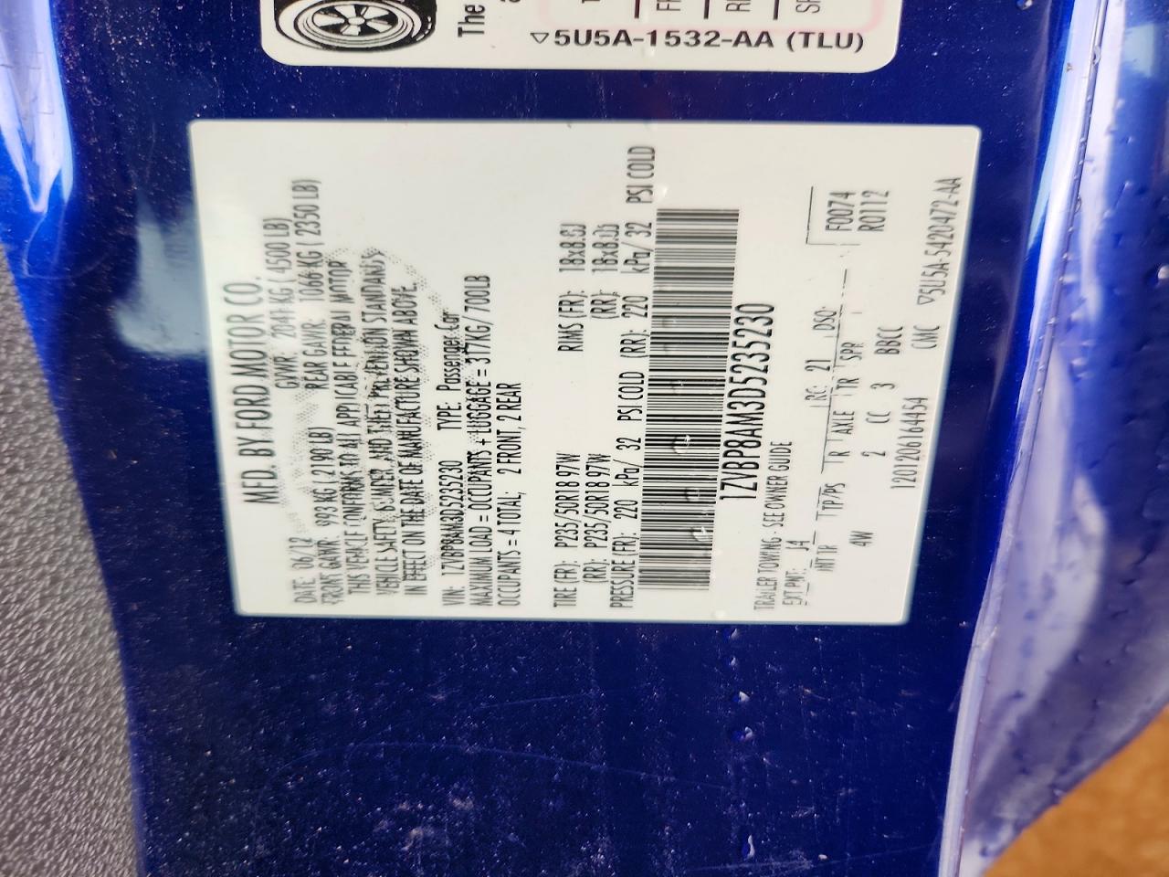 2013 Ford Mustang Blue vin: 1ZVBP8AM3D5235230
